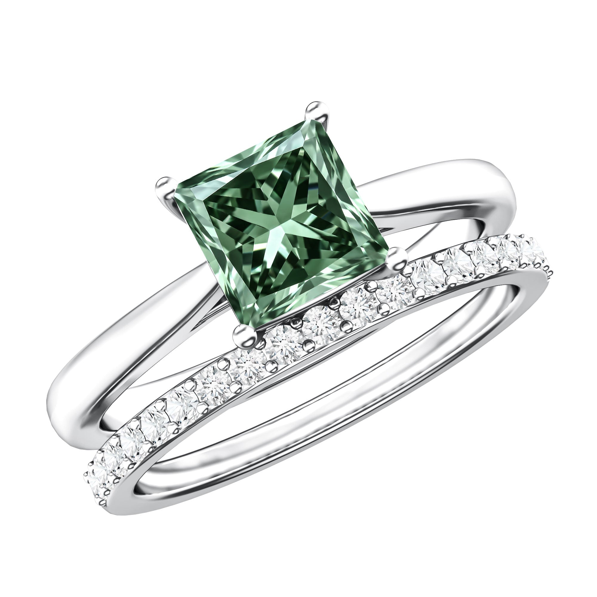 2 Carat Princess Cut Lab Grown Green and White Diamond Wedding Ring Set for Women Vivid Green - VS1 - Rosec Jewels