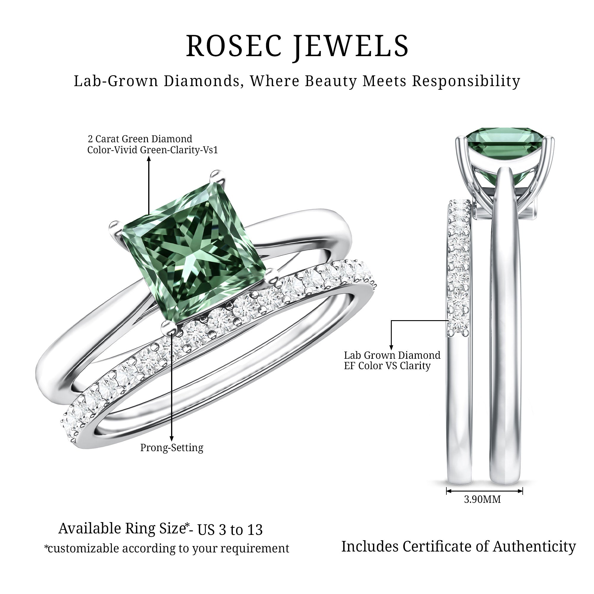 2 Carat Princess Cut Lab Grown Green and White Diamond Wedding Ring Set for Women Vivid Green - VS1 - Rosec Jewels