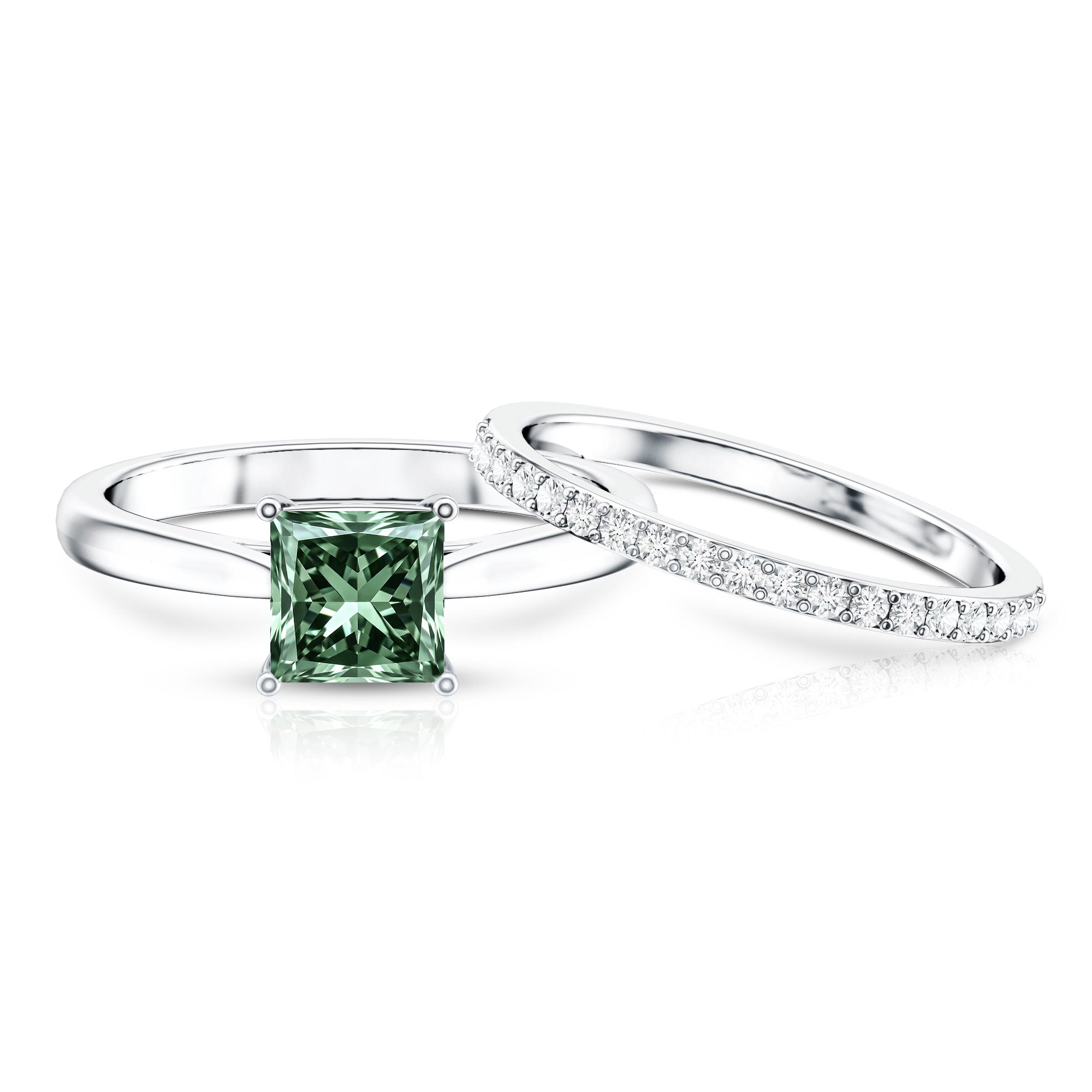 2 Carat Princess Cut Lab Grown Green and White Diamond Wedding Ring Set for Women Vivid Green - VS1 - Rosec Jewels