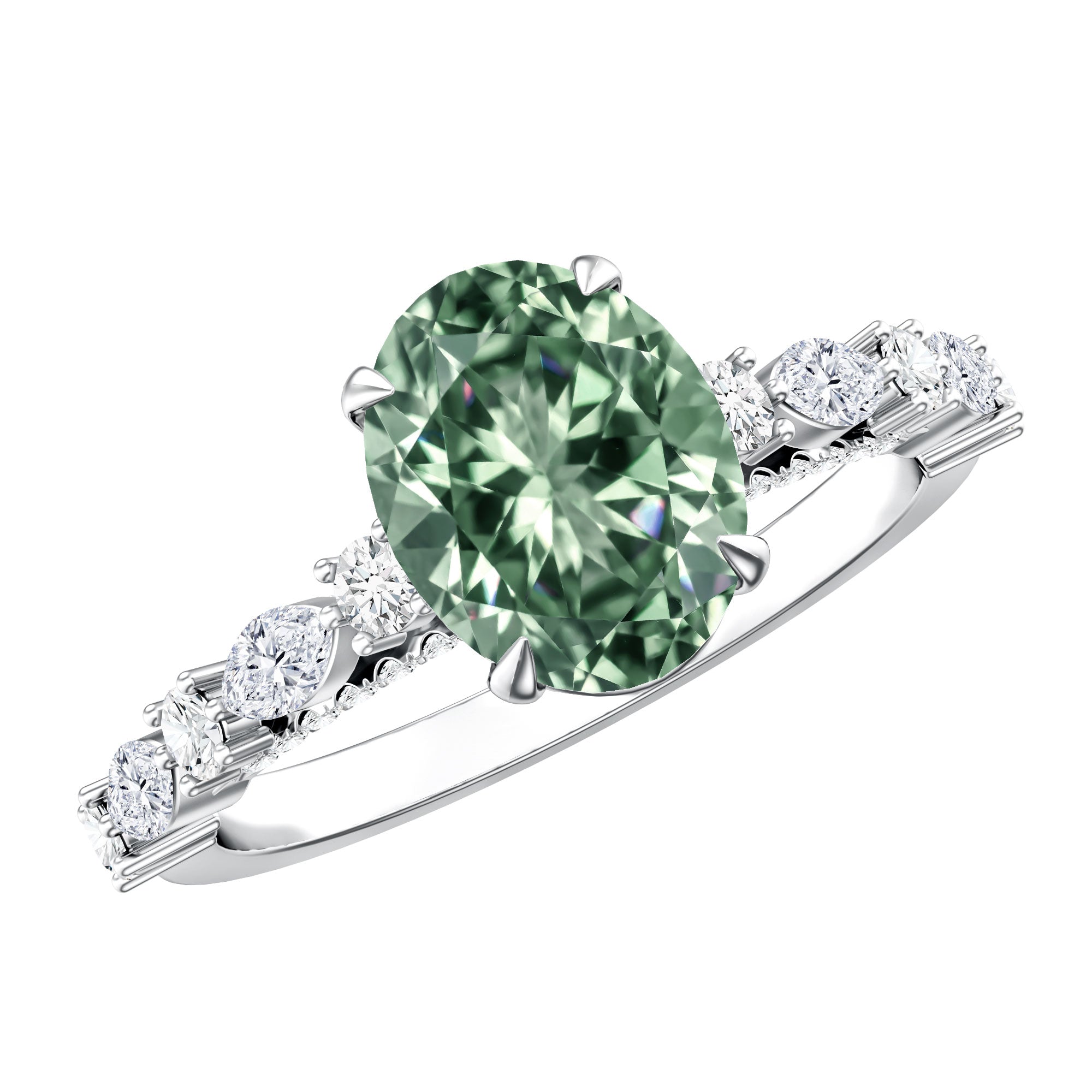Oval Shaped 2 Carat Lab Grown Green Diamond Engagement Ring with IGI Certificate Vivid Green - VS1 - Rosec Jewels