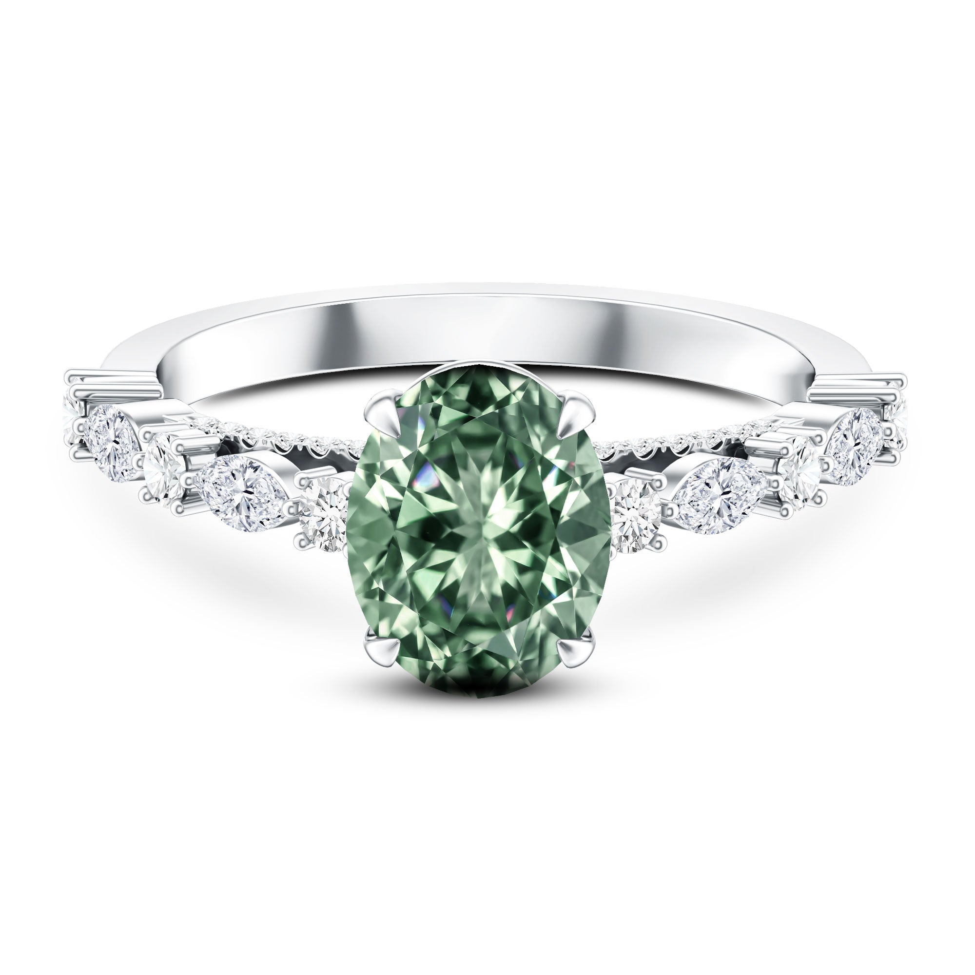Oval Shaped 2 Carat Lab Grown Green Diamond Engagement Ring with IGI Certificate Vivid Green - VS1 - Rosec Jewels