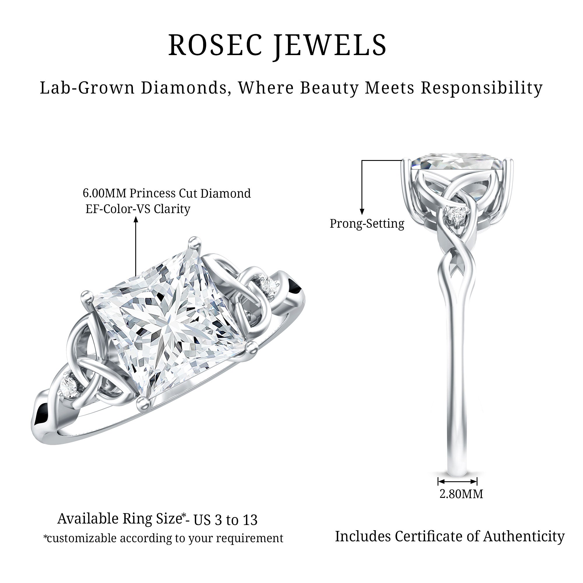 Princess Cut 2 Carat Lab Grown Diamond Celtic Engagement Ring with IGI Certificate Lab - ( E-VS1 ) - Rosec Jewels