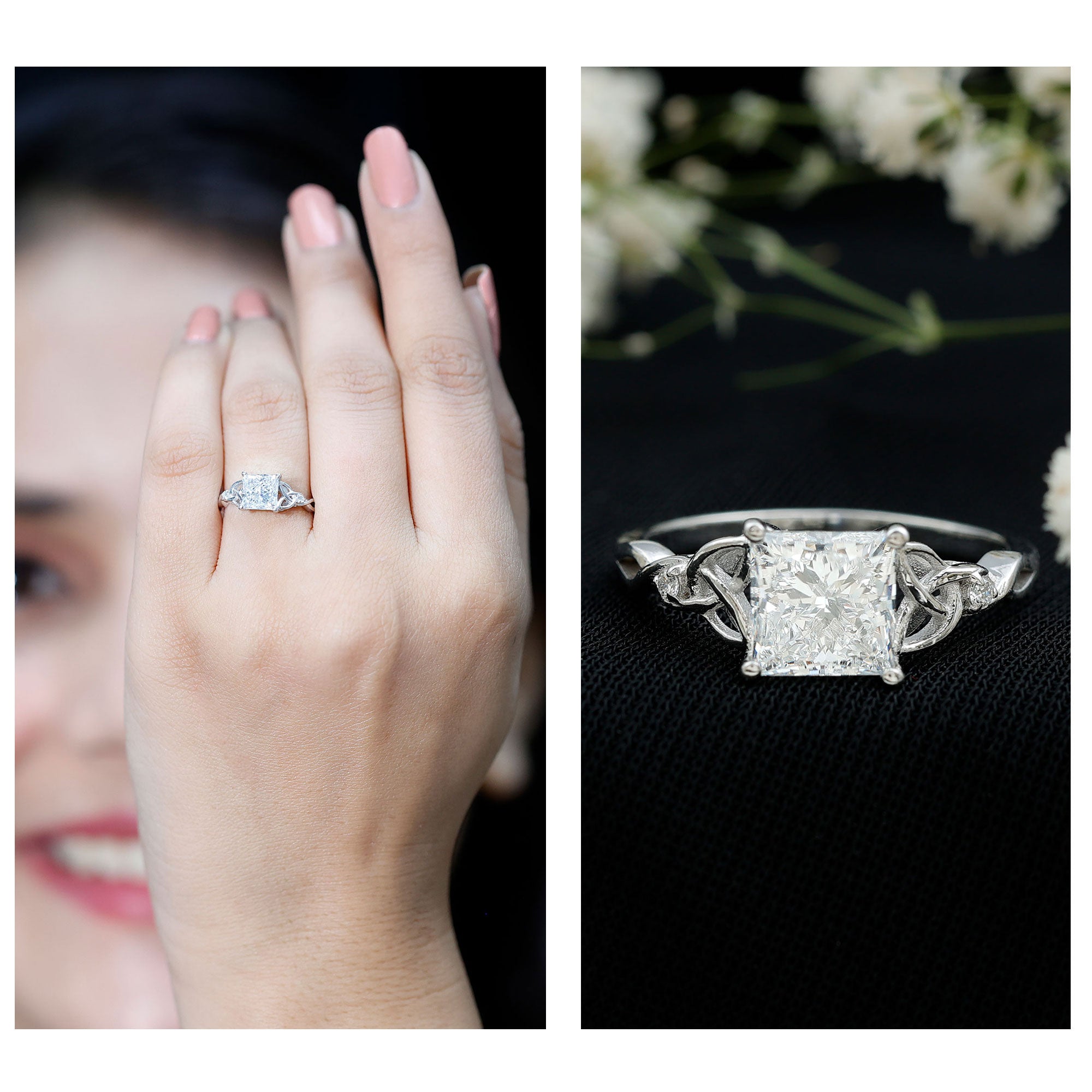 Princess Cut 2 Carat Lab Grown Diamond Celtic Engagement Ring with IGI Certificate Lab - ( E-VS1 ) - Rosec Jewels