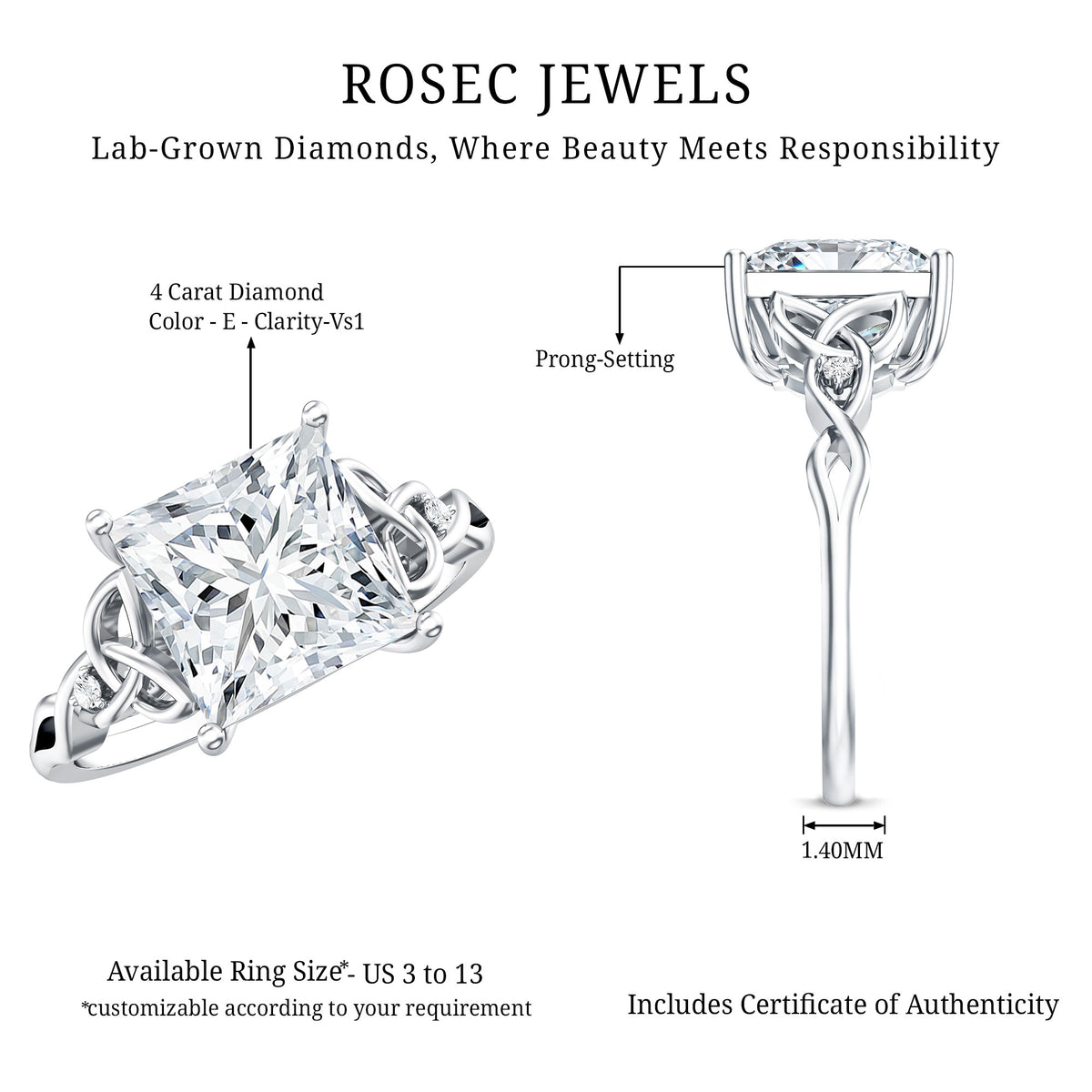 Rosec Jewels-4 Carat Princess Cut Lab Grown Diamond Celtic Engagement Ring with IGI Certificate