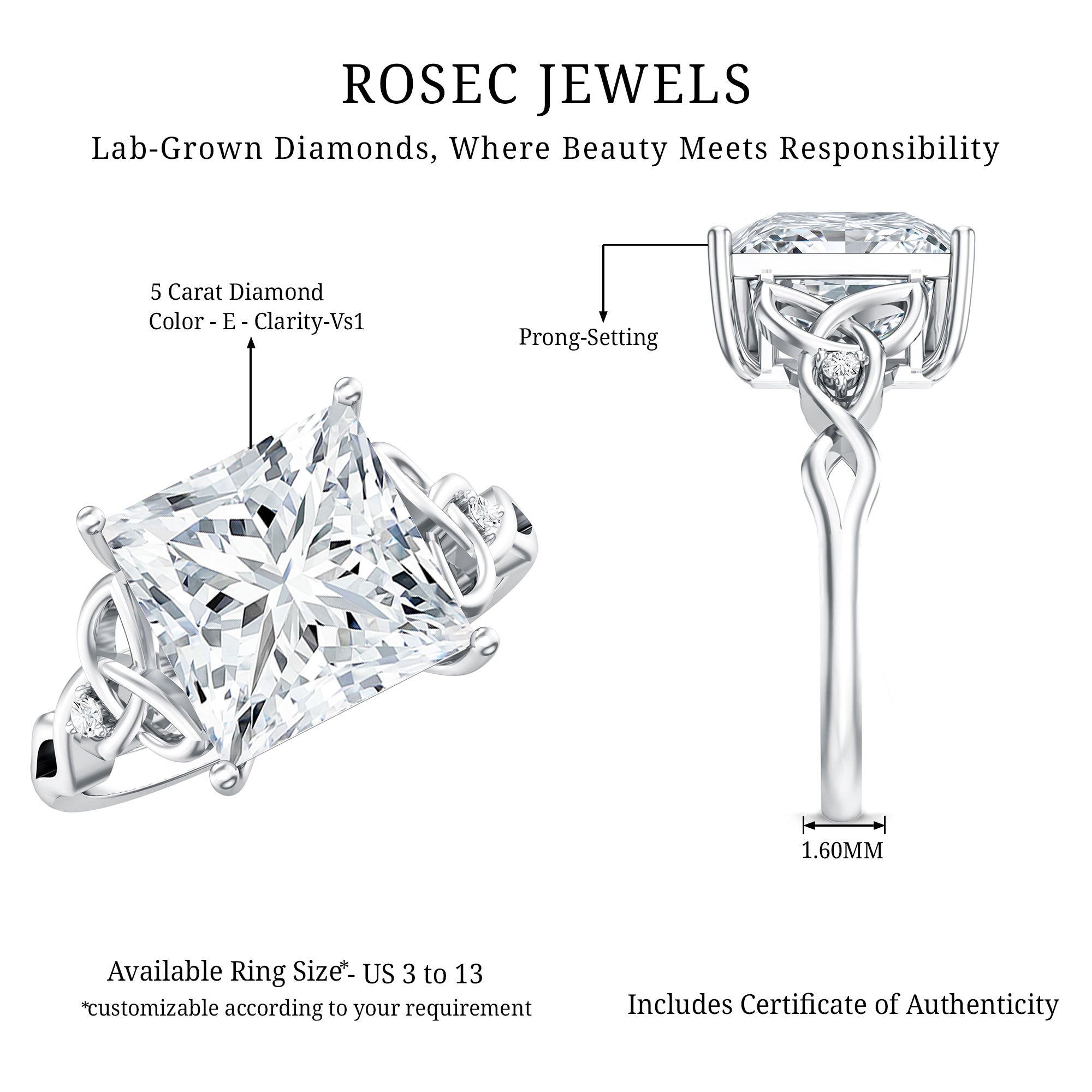 5 Carat Princess Cut Lab Grown Diamond Celtic Design Engagement Ring IGI Certified Lab - ( E-VS1 ) - Rosec Jewels