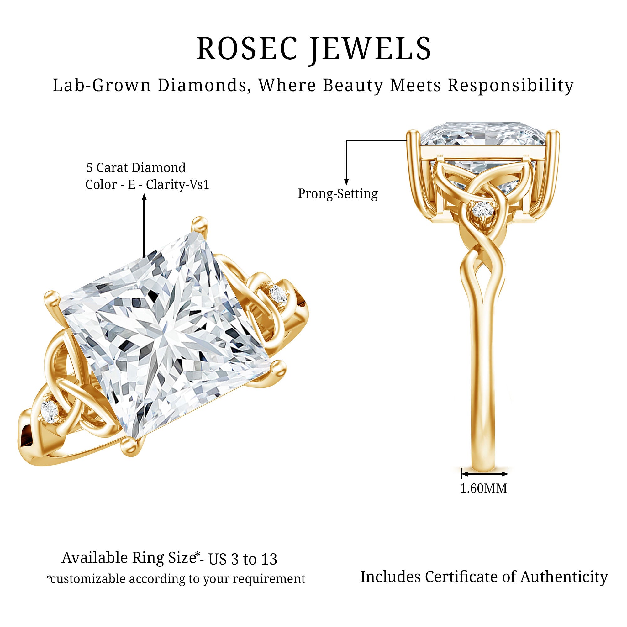 5 Carat Princess Cut Lab Grown Diamond Celtic Design Engagement Ring IGI Certified Lab - ( E-VS1 ) - Rosec Jewels