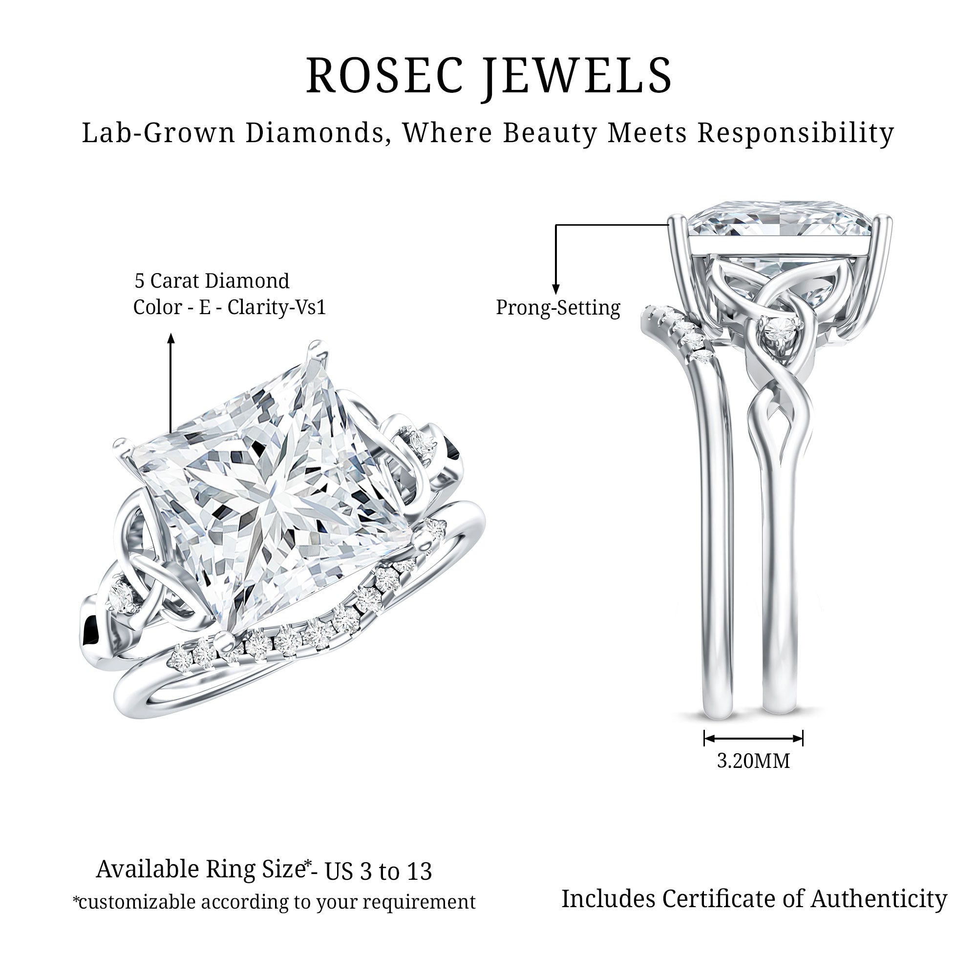 Princess Cut Lab Grown 5 Carat Diamond Celtic Wedding Ring Set with IGI Certificate Lab - ( E-VS1 ) - Rosec Jewels