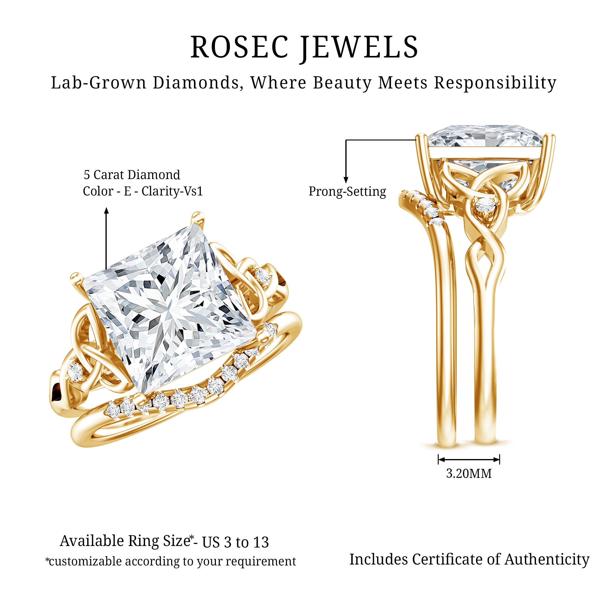 Princess Cut Lab Grown 5 Carat Diamond Celtic Wedding Ring Set with IGI Certificate Lab - ( E-VS1 ) - Rosec Jewels