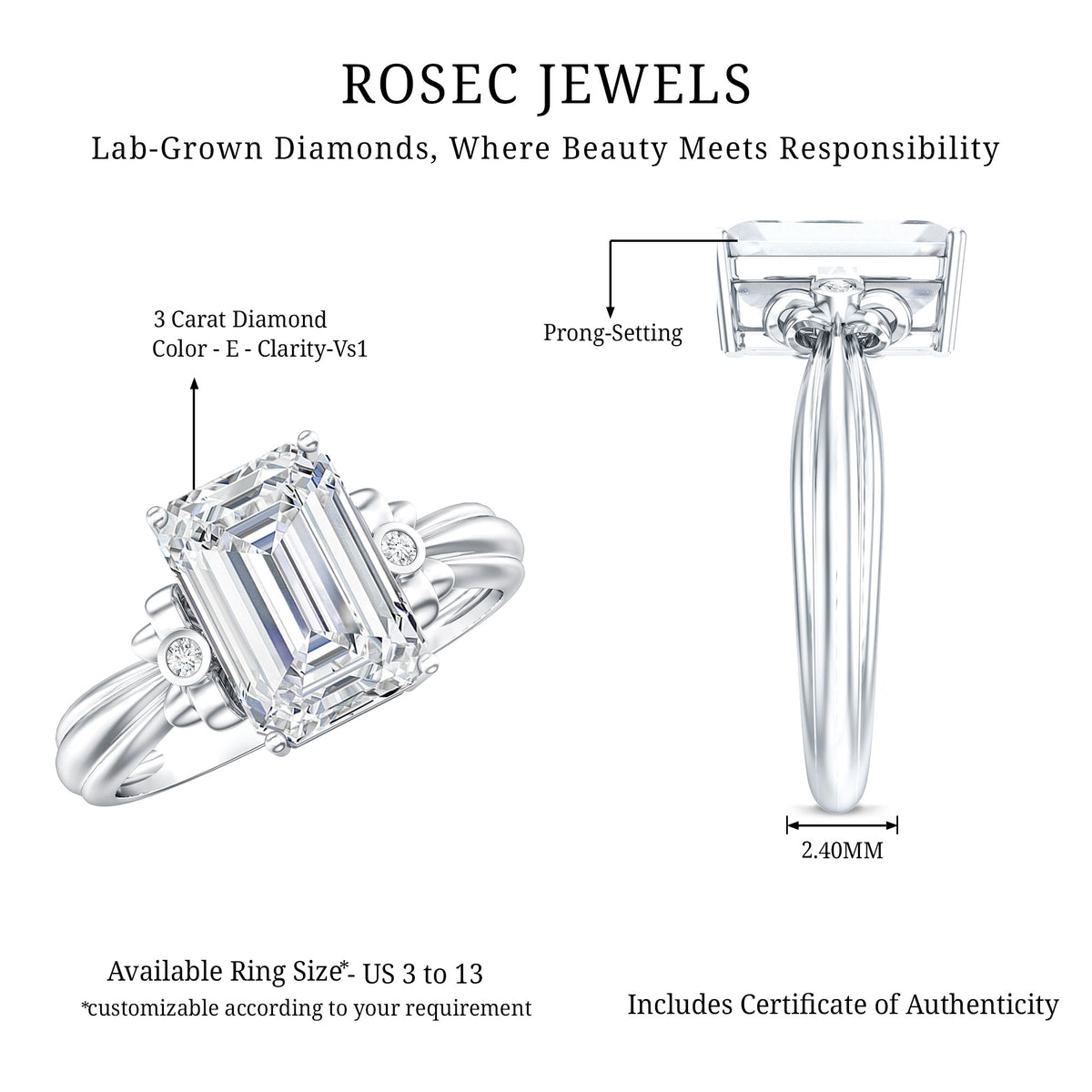 Emerald Cut Lab Grown Diamond 3 Carat Engagement Ring IGI Certified Lab - ( E-VS1 ) - Rosec Jewels