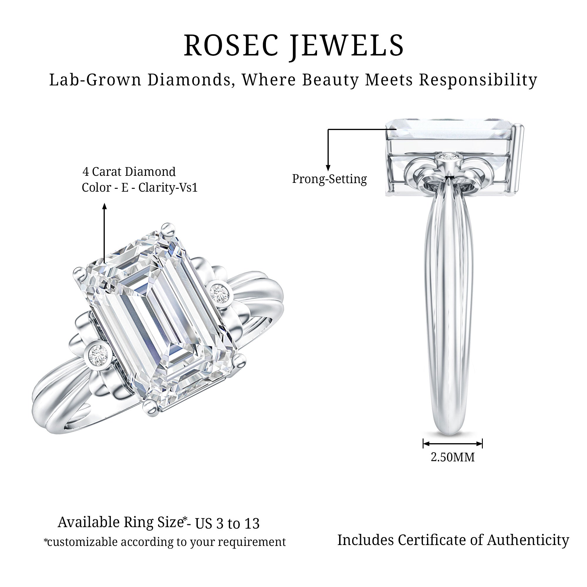 IGI Certified 4 Carat Emerald Cut Lab Grown Diamond Solitaire Engagement Ring with Bow Lab - ( E-VS1 ) - Rosec Jewels