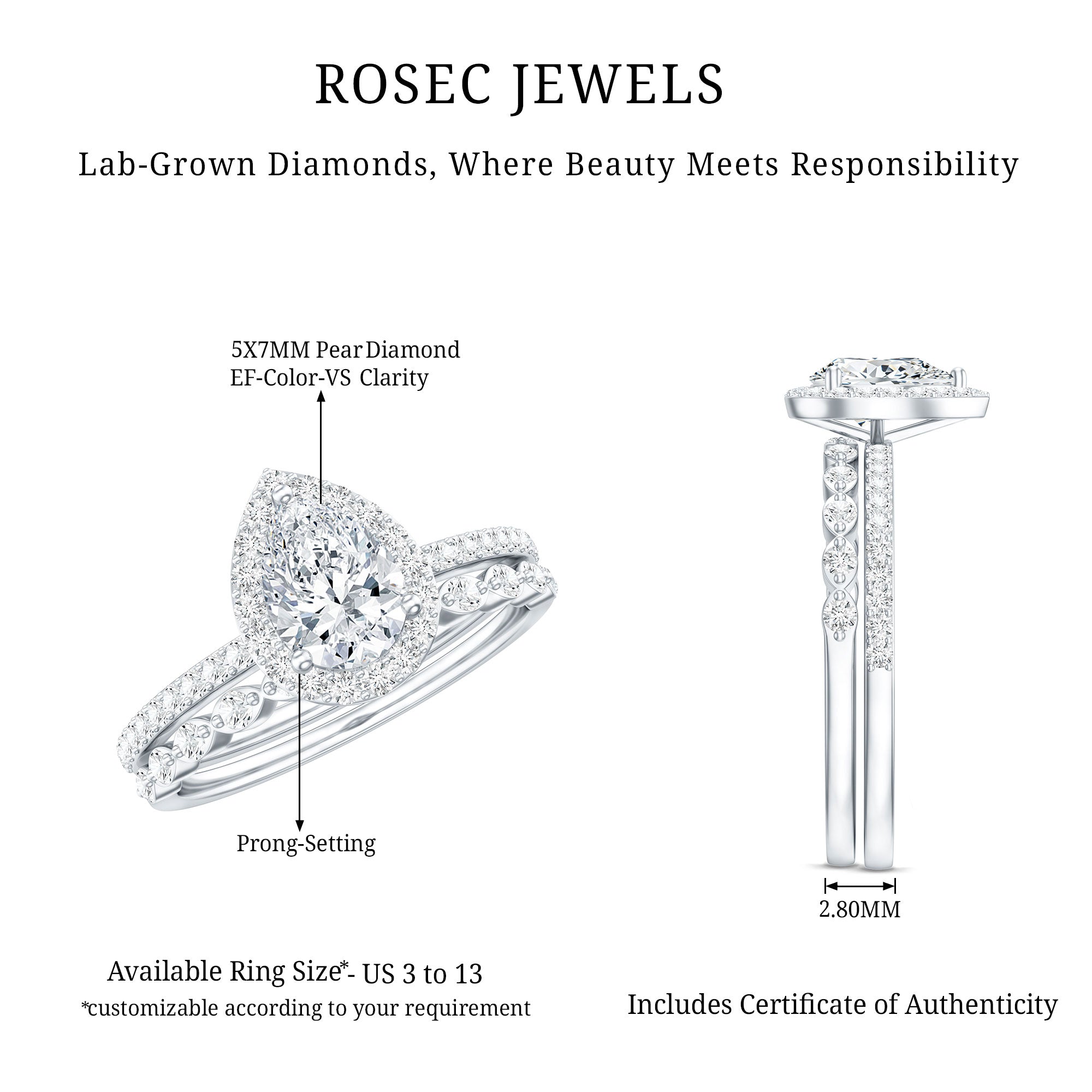 IGI Certified Pear Shaped Lab Grown Diamond Halo Wedding Ring Set 1 Carat Lab - ( E-VS1 ) - Rosec Jewels
