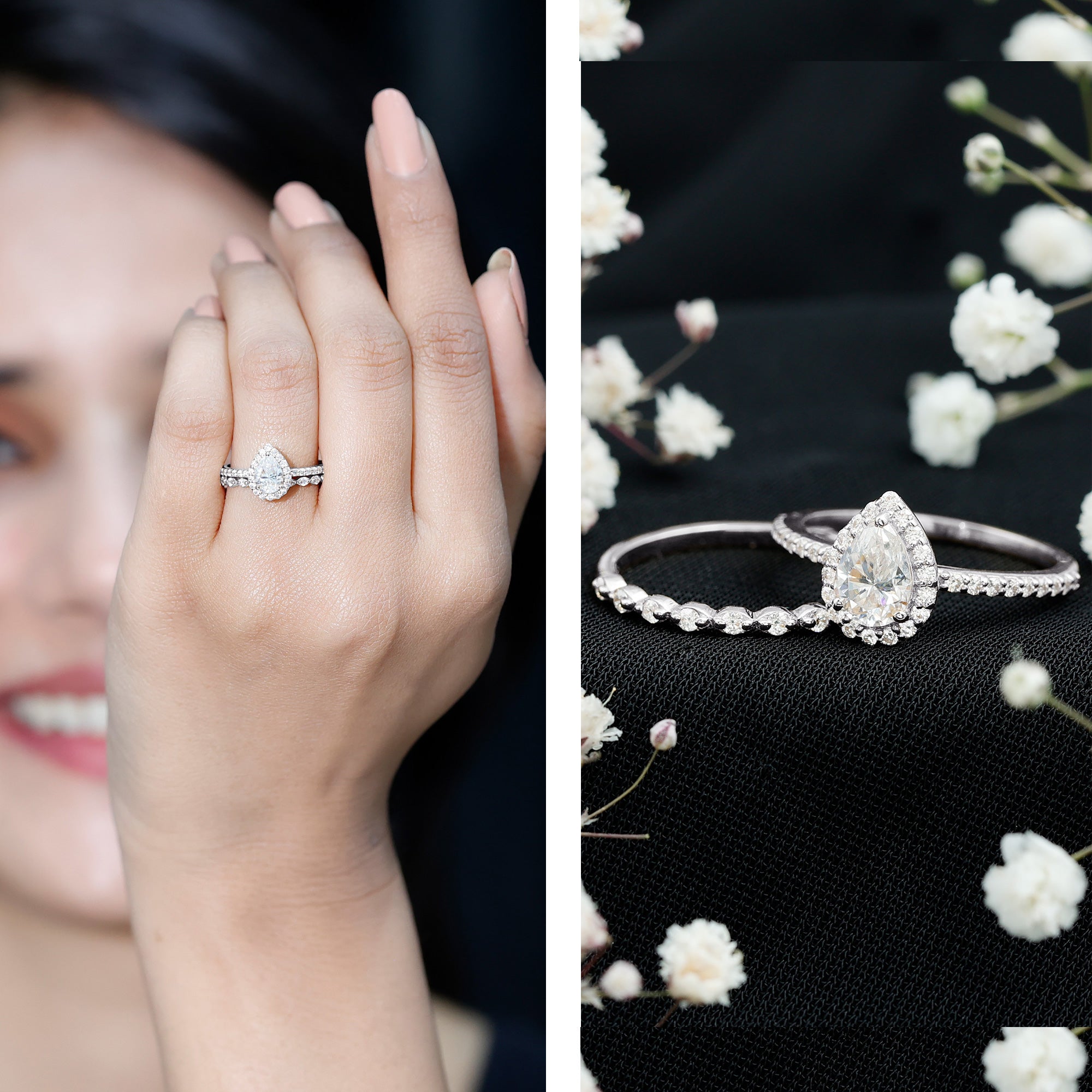 IGI Certified Pear Shaped Lab Grown Diamond Halo Wedding Ring Set 1 Carat Lab - ( E-VS1 ) - Rosec Jewels