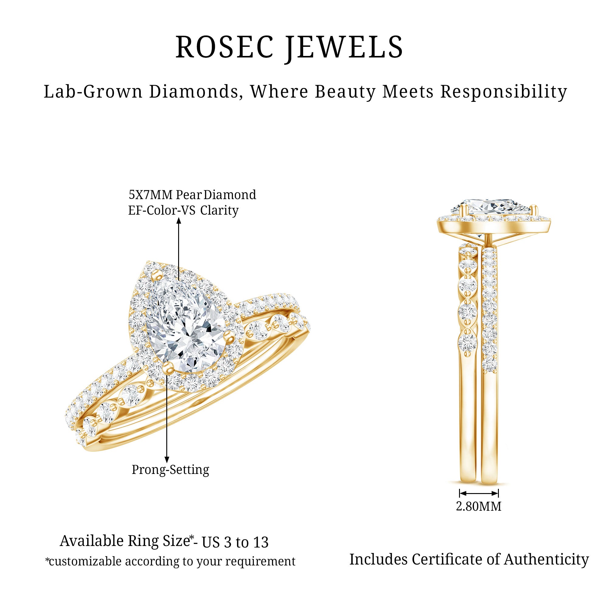 IGI Certified Pear Shaped Lab Grown Diamond Halo Wedding Ring Set 1 Carat Lab - ( E-VS1 ) - Rosec Jewels