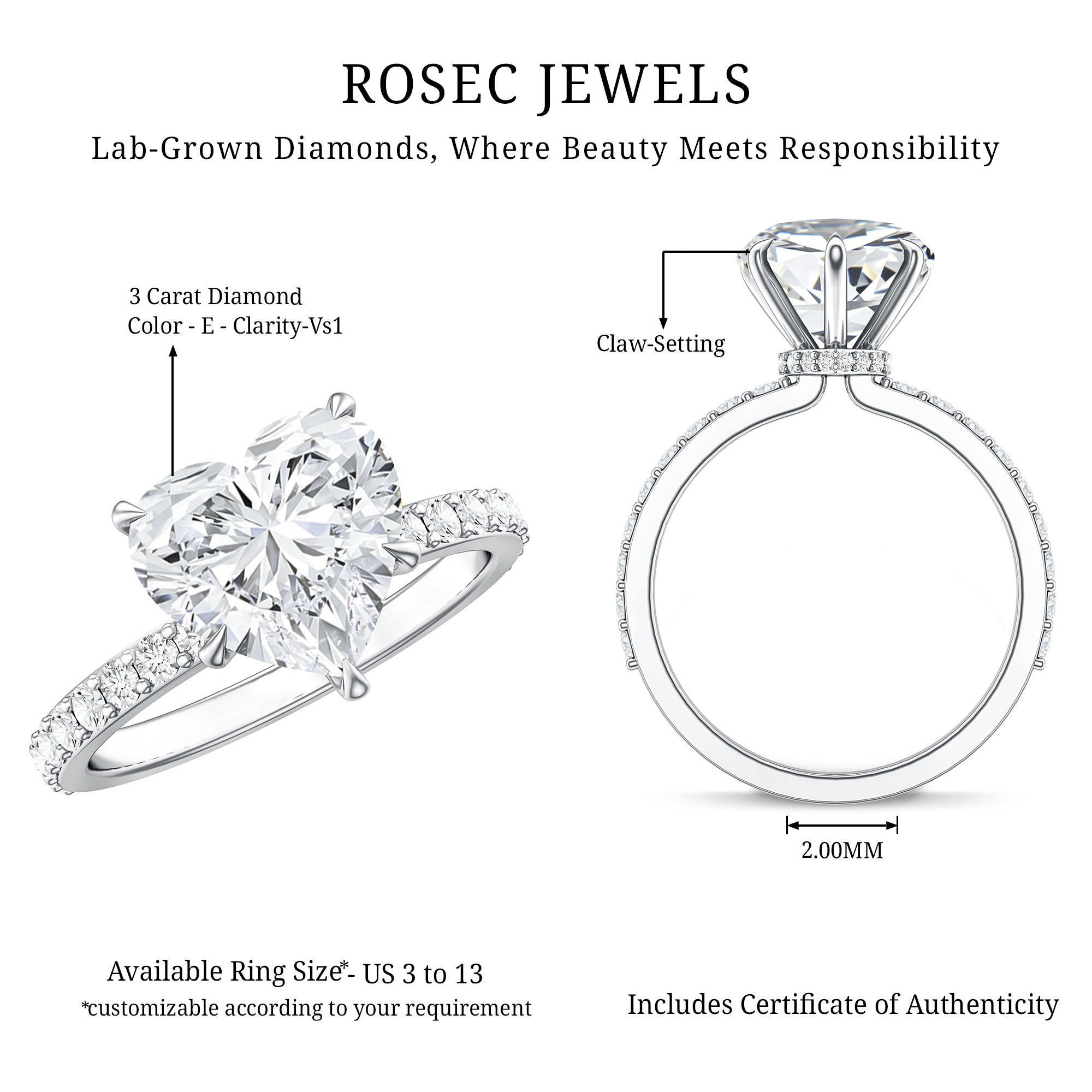 Heart Shaped Lab Grown Diamond 3 Carat Solitaire Engagement Ring with IGI Certificate Lab - ( E-VS1 ) - Rosec Jewels