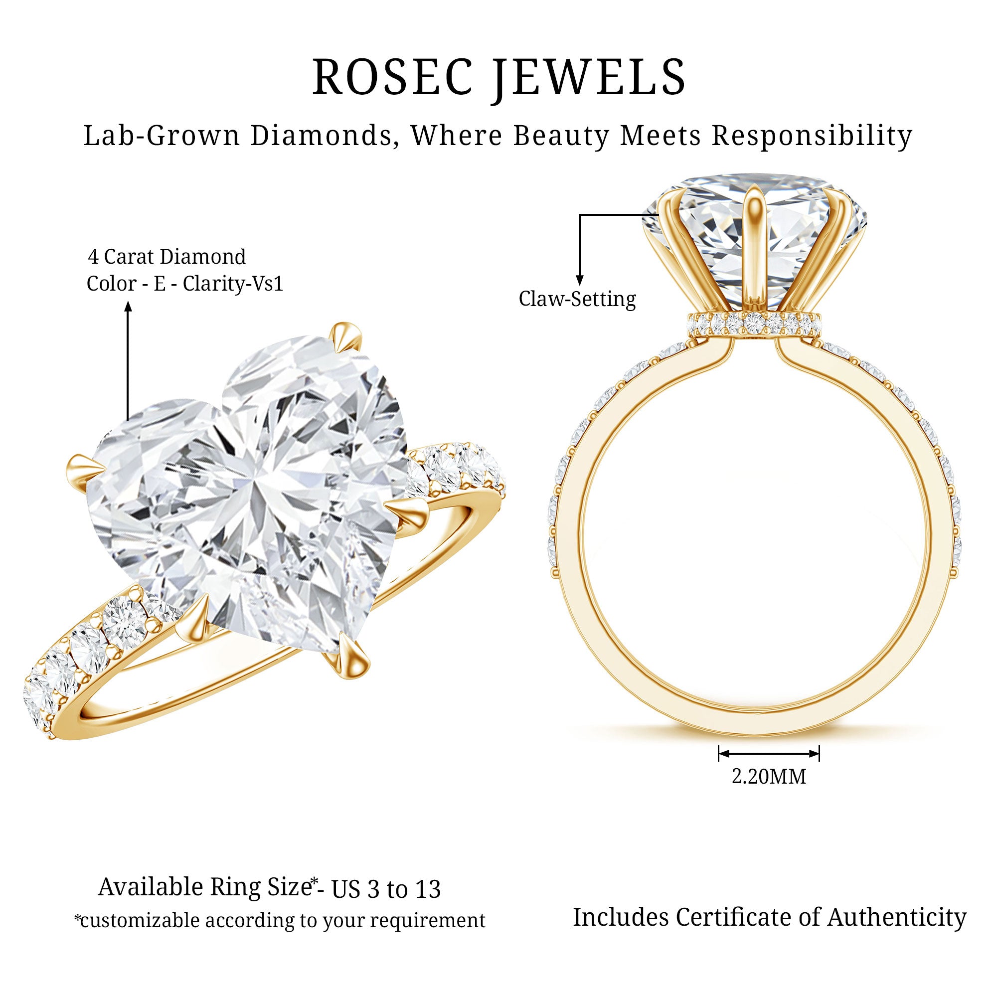 Solitaire Heart Engagement Ring with 5 Carat IGI Certified Lab Grown Diamond Lab - ( E-VS1 ) - Rosec Jewels