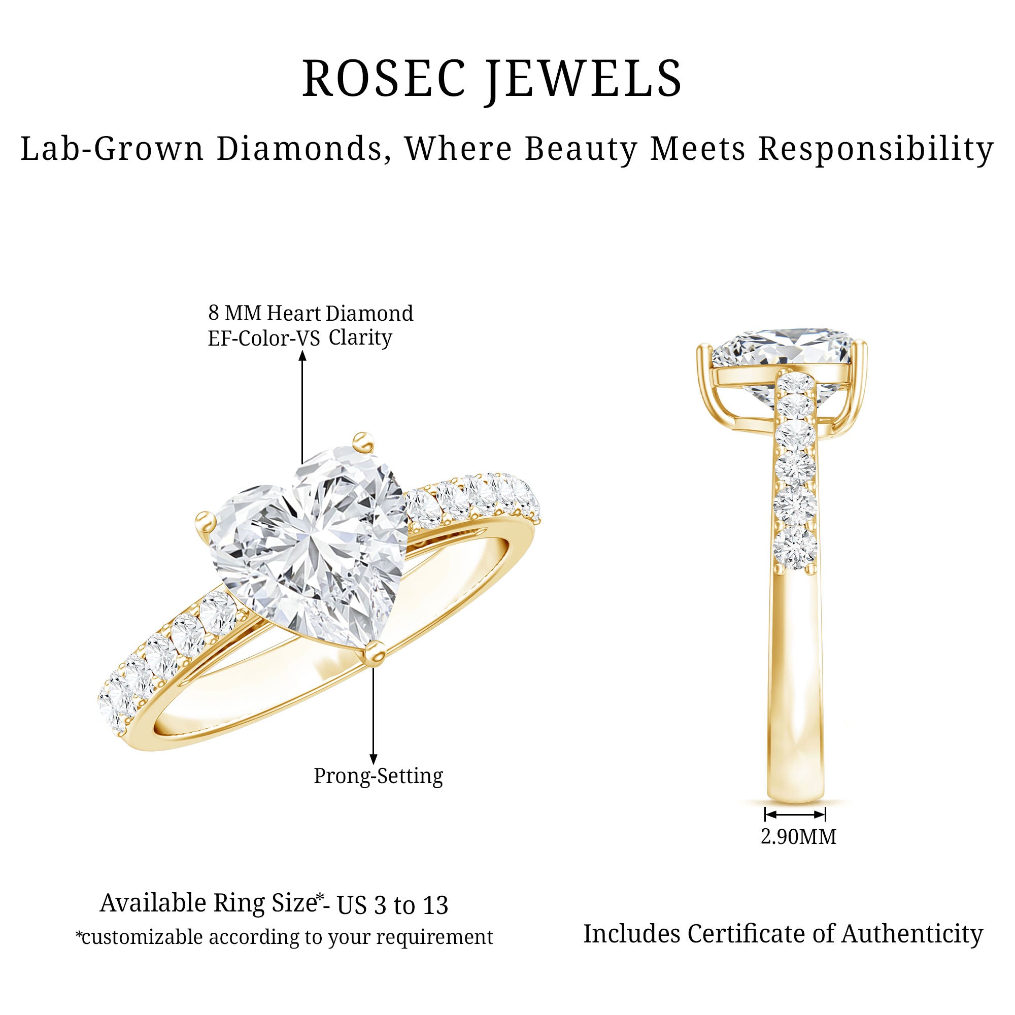 IGI Certified Heart Lab Grown Diamond Side Stone Engagement Ring 2 Carat Lab - ( E-VS1 ) - Rosec Jewels