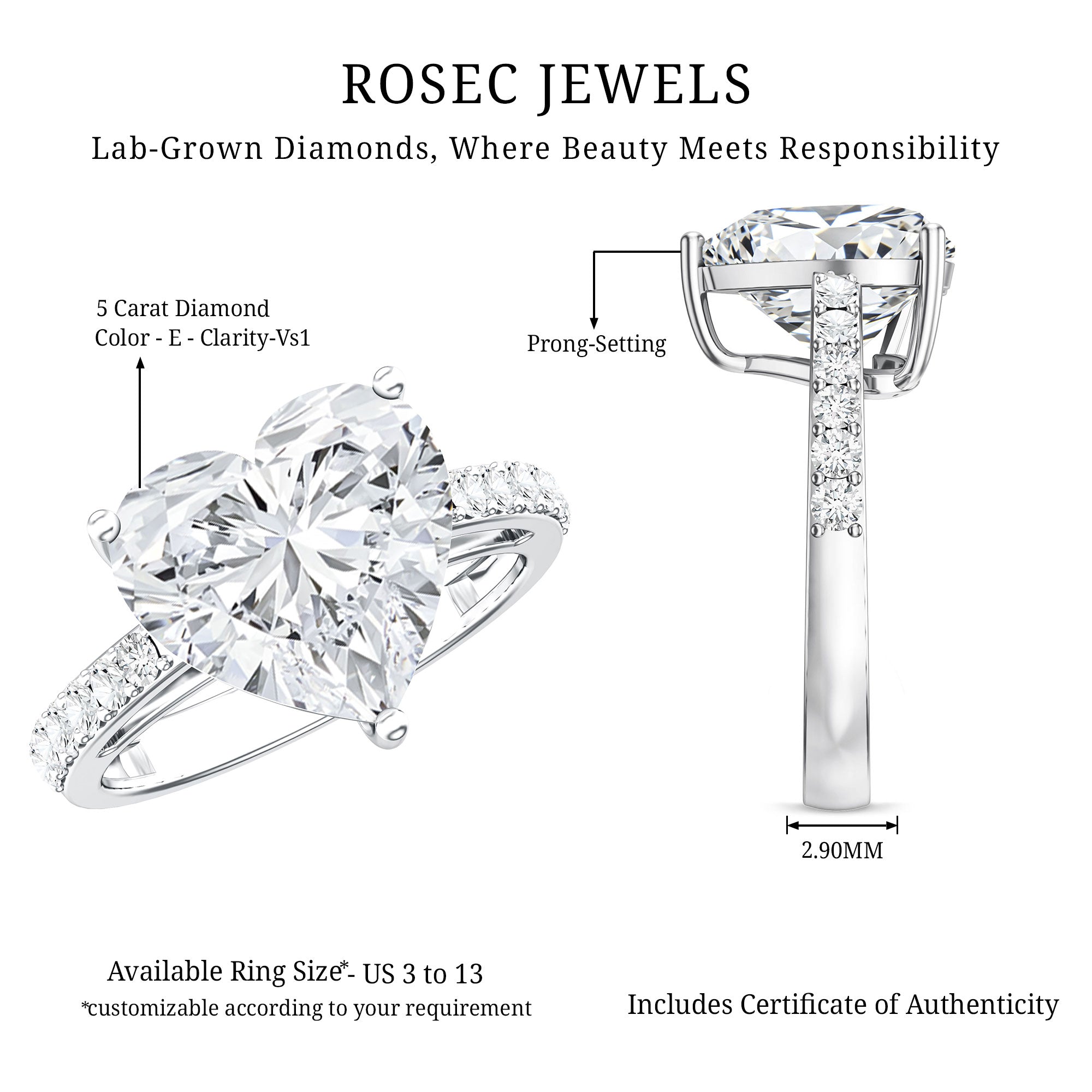 Rosec Jewels-Big 5 Carat Lab Grown Diamond Heart Shaped Engagement Ring with IGI Certificate