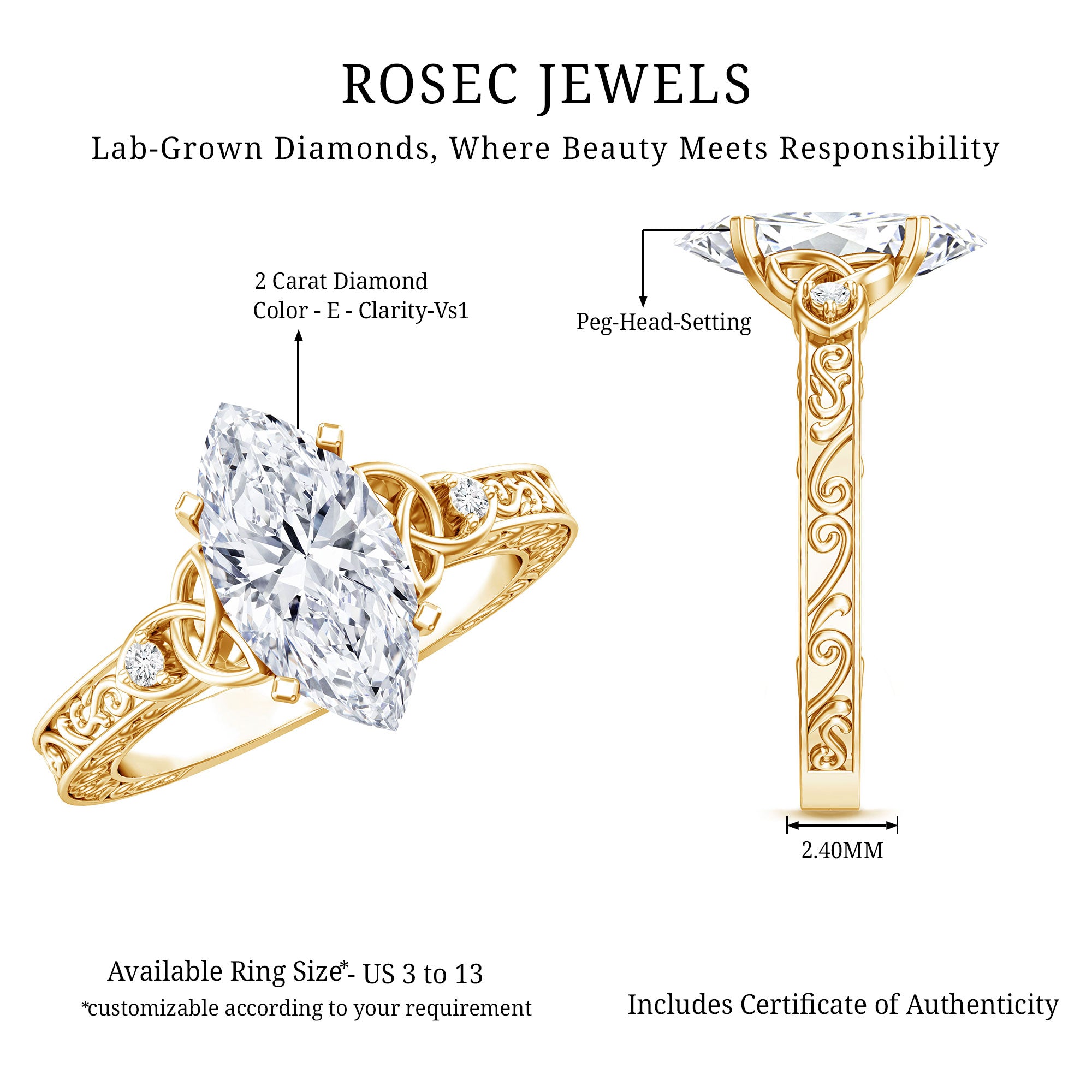 IGI Certified Vintage Inspired Lab Grown Marquise Diamond Celtic Engagement Ring 2 Carat Lab - ( E-VS1 ) - Rosec Jewels