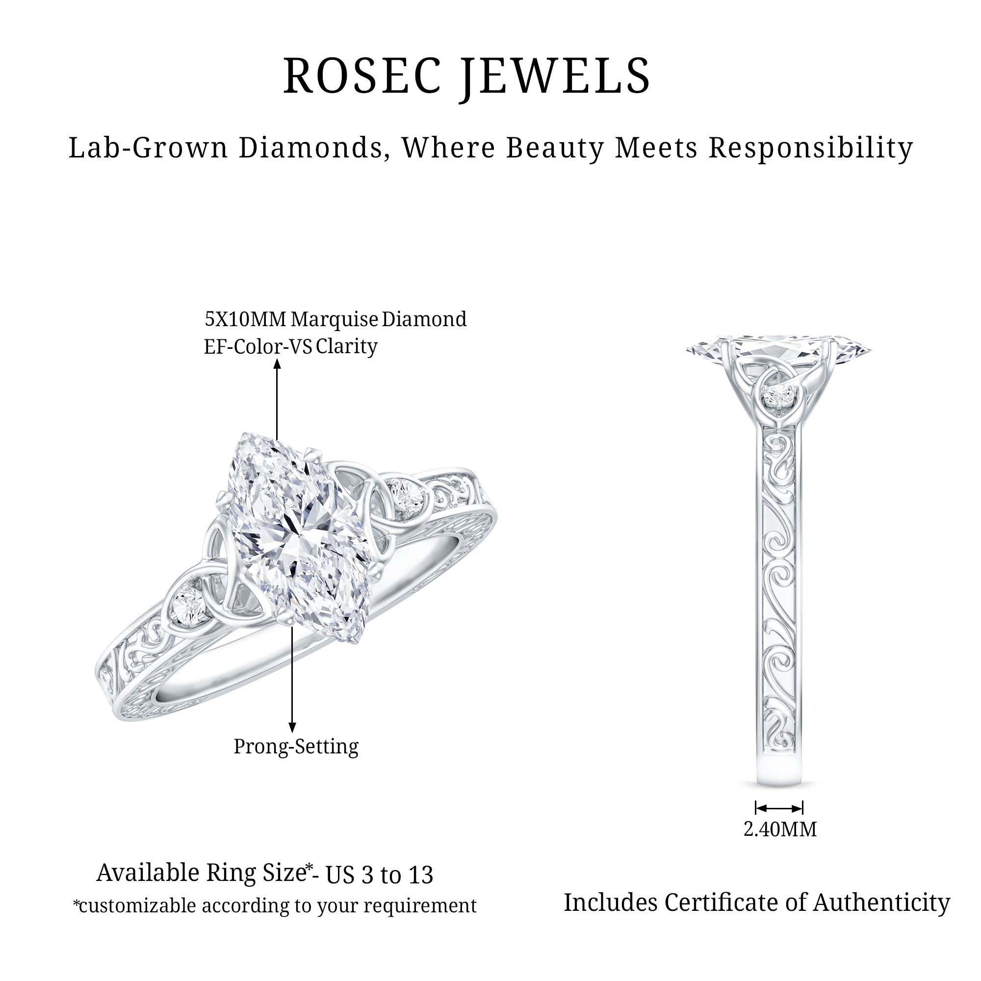 Vintage Inspired 1 Carat Marquise Cut Lab Grown Diamond Celtic Engagement Ring IGI Certified Lab - ( E-VS1 ) - Rosec Jewels