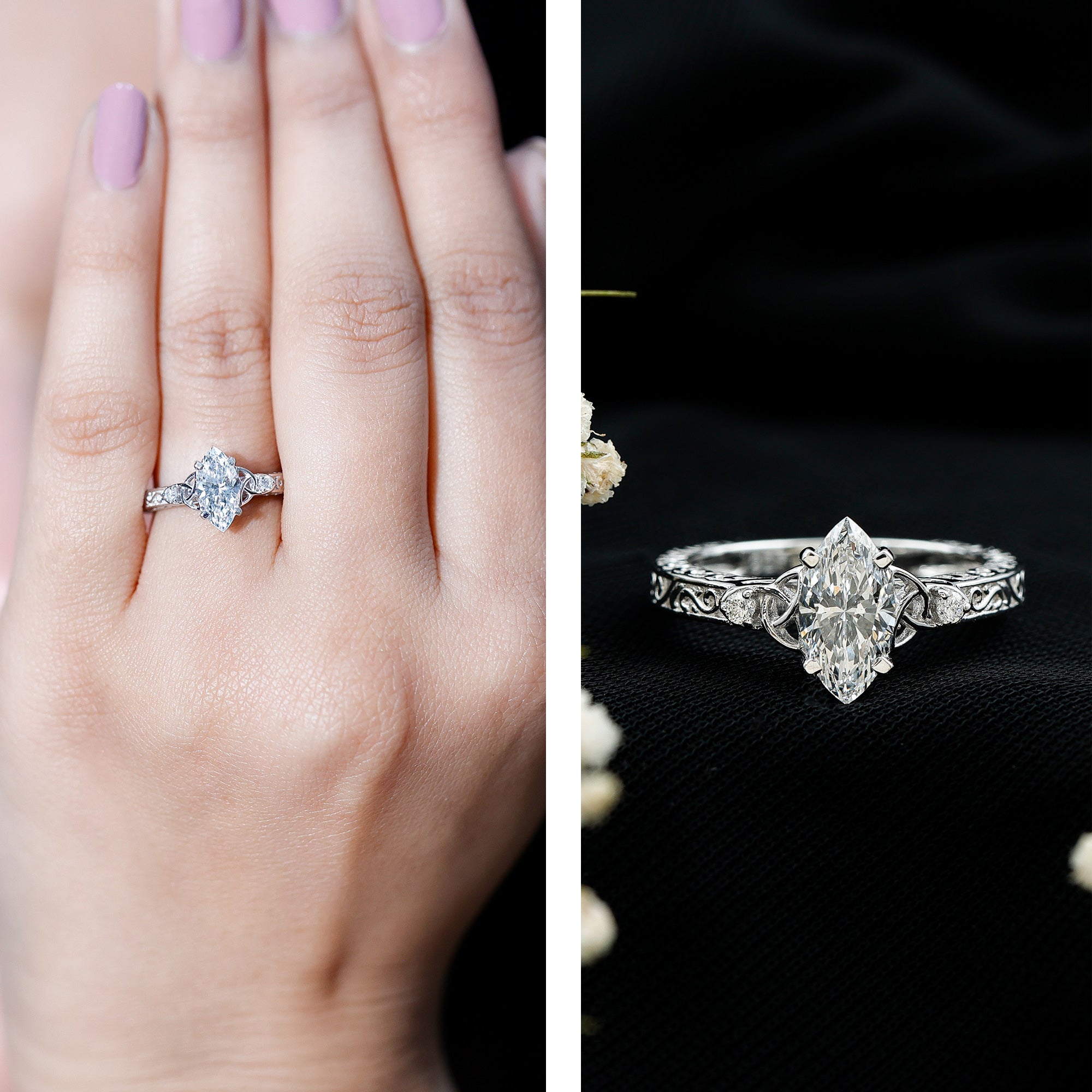 Vintage Inspired 1 Carat Marquise Cut Lab Grown Diamond Celtic Engagement Ring IGI Certified Lab - ( E-VS1 ) - Rosec Jewels