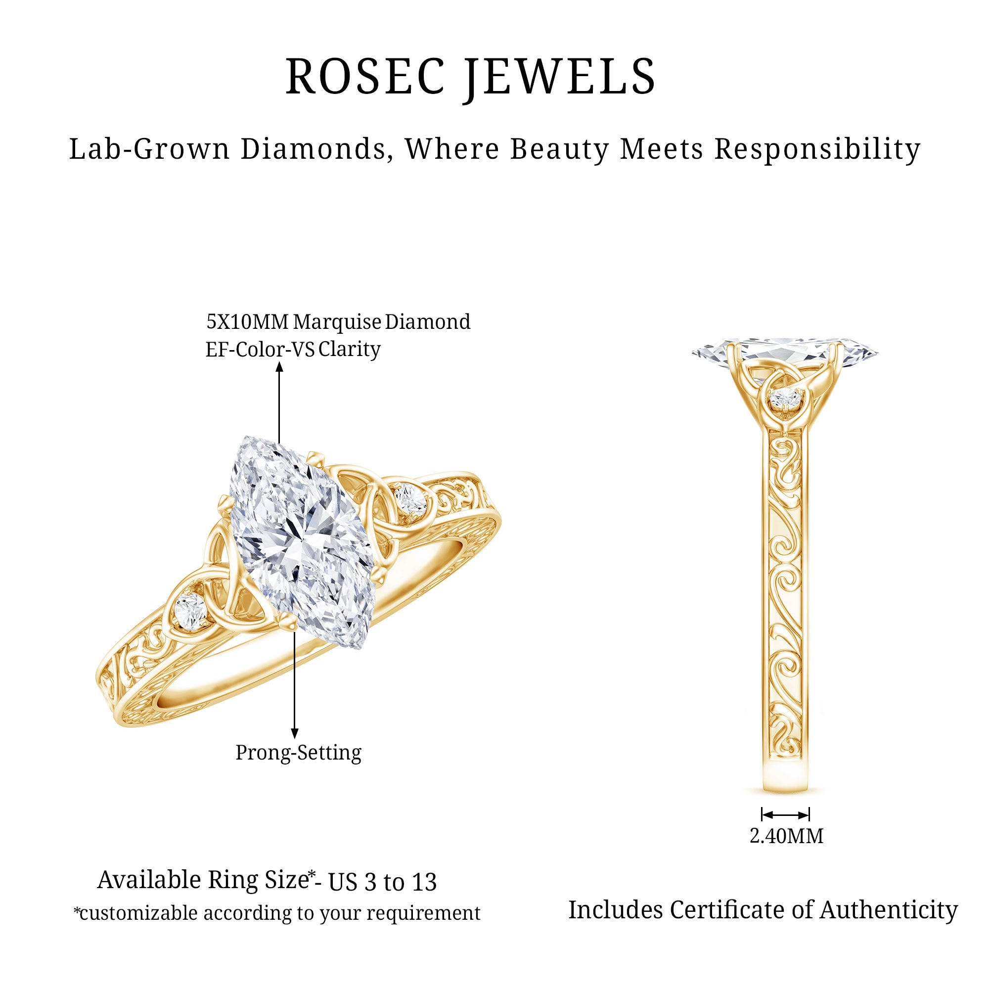 Vintage Inspired 1 Carat Marquise Cut Lab Grown Diamond Celtic Engagement Ring IGI Certified Lab - ( E-VS1 ) - Rosec Jewels