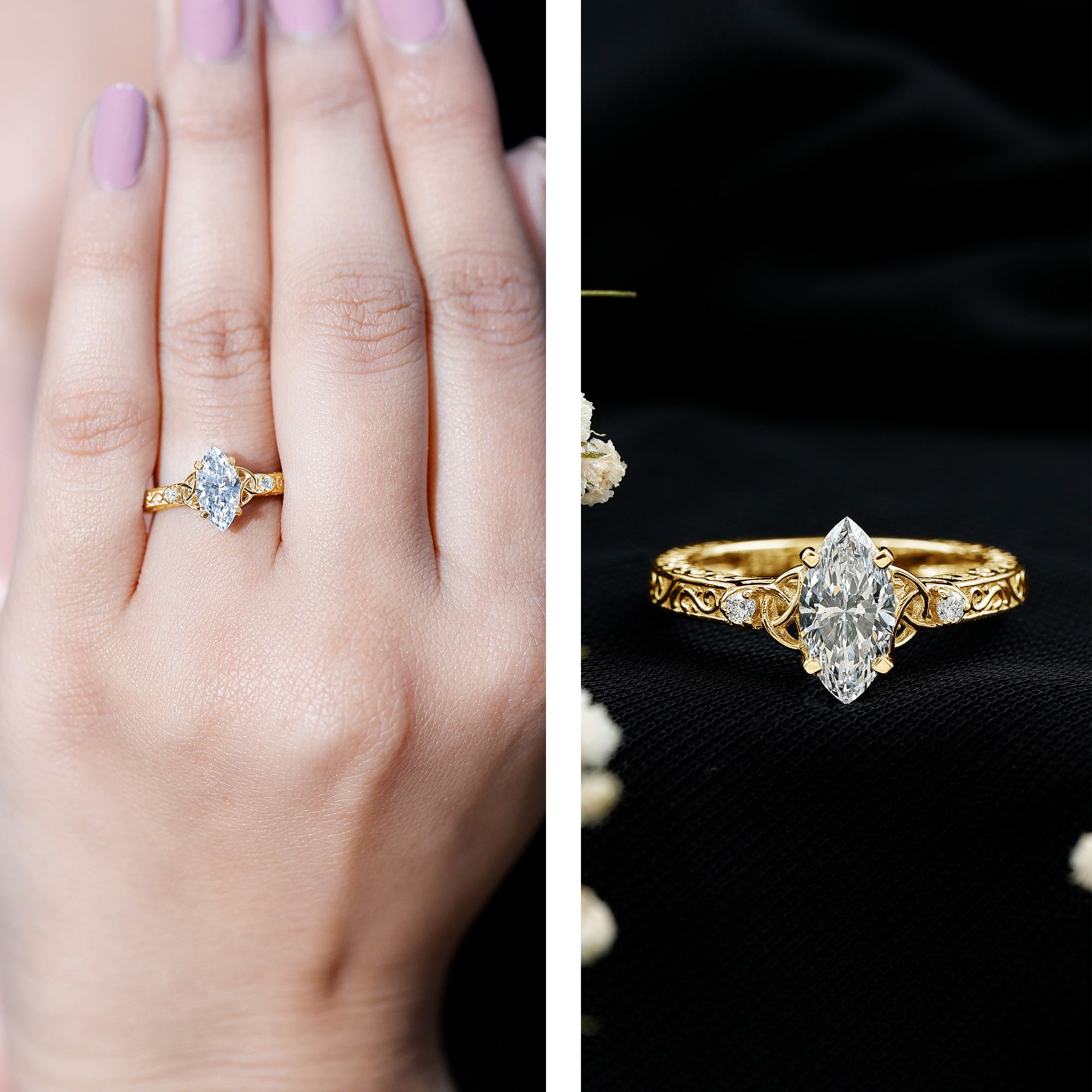 Vintage Inspired 1 Carat Marquise Cut Lab Grown Diamond Celtic Engagement Ring IGI Certified Lab - ( E-VS1 ) - Rosec Jewels