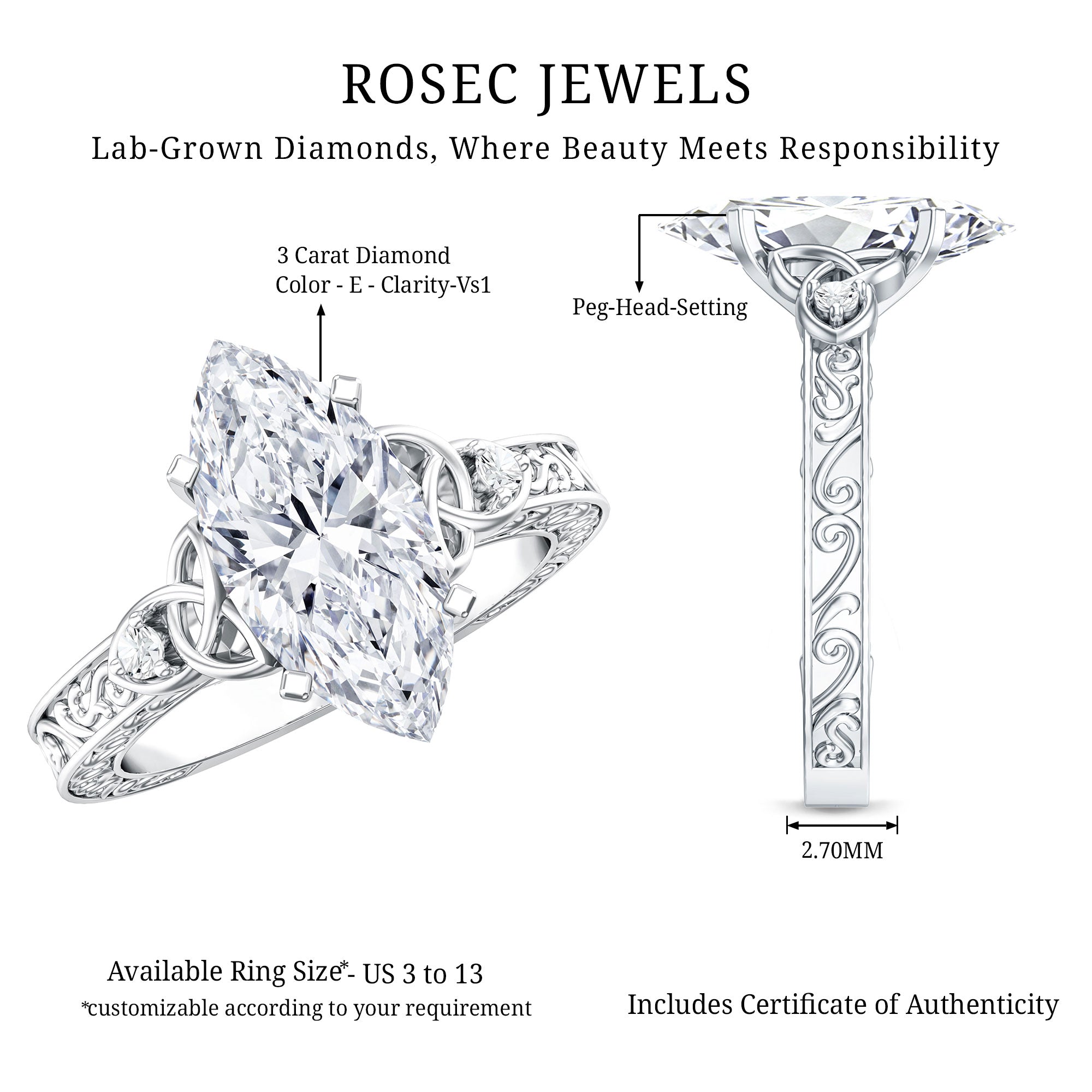 Antique Looking 3 Carat Marquise Lab Diamond Celtic Knot Engagement Ring IGI Certified Lab - ( E-VS1 ) - Rosec Jewels