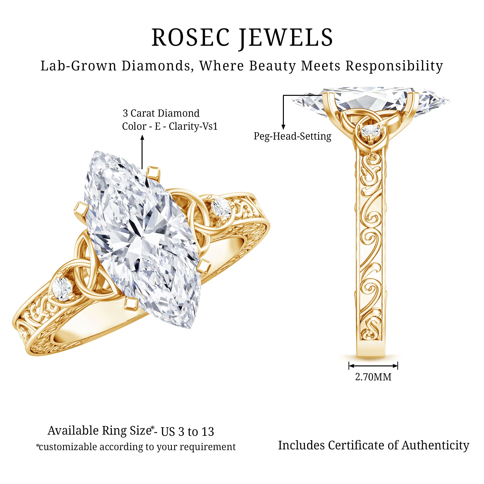 Antique Looking 3 Carat Marquise Lab Diamond Celtic Knot Engagement Ring IGI Certified Lab - ( E-VS1 ) - Rosec Jewels