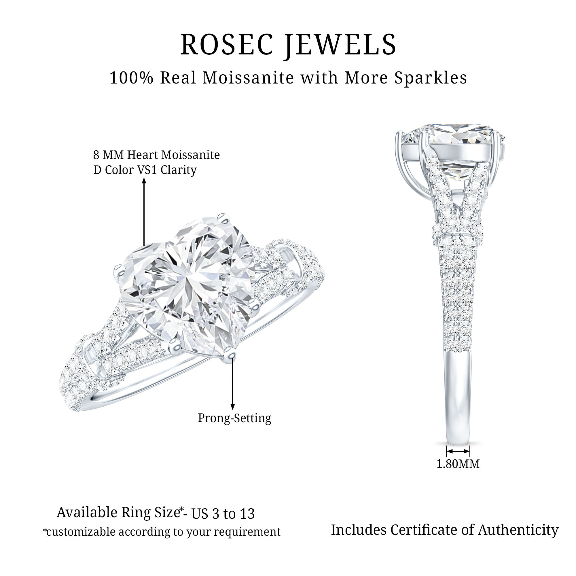 Rosec Jewels-2 Carat Heart Lab Grown Diamond Split Shank Engagement Ring with IGI Certificate