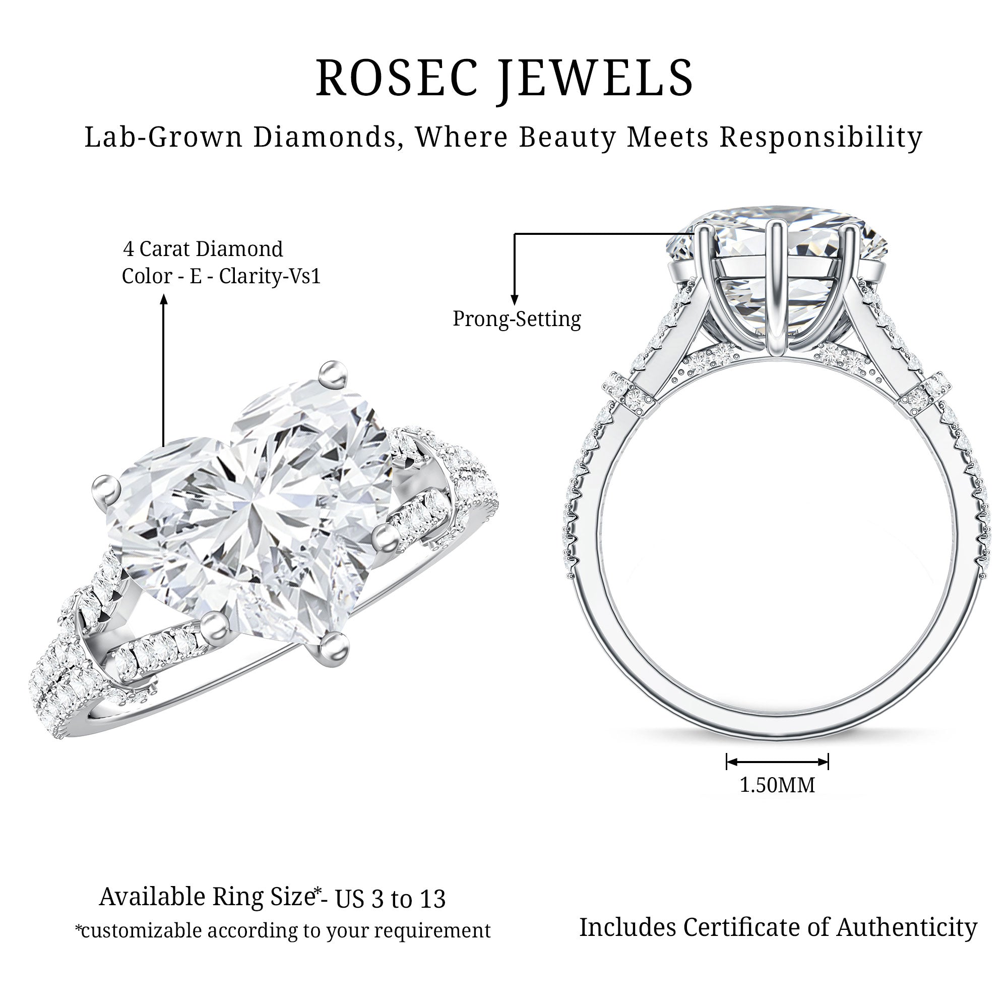 IGI Certified 4 Carat Big Heart Lab Grown Diamond Split Shank Engagement Ring Lab - ( E-VS1 ) - Rosec Jewels