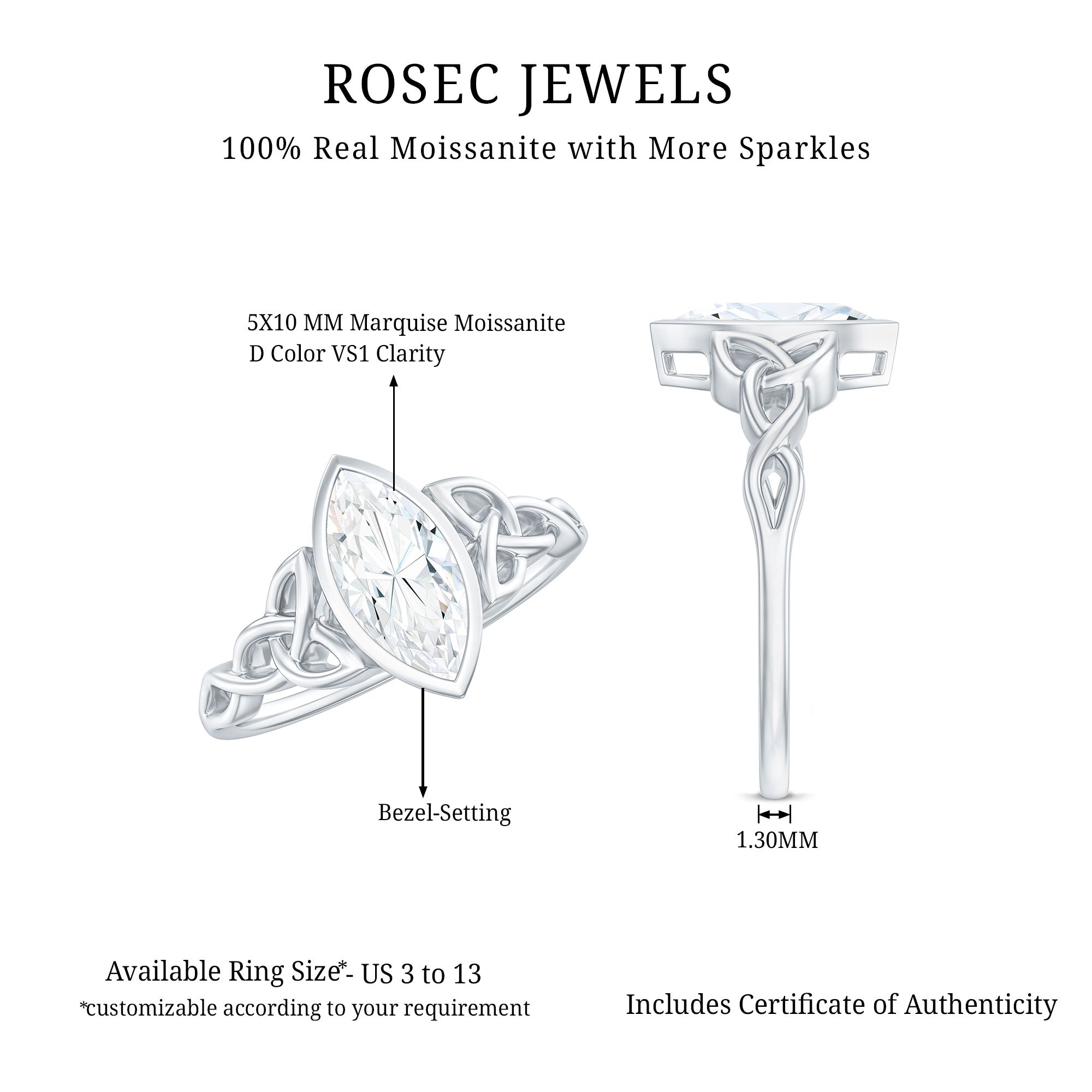 Bezel Set 1 Carat Marquise Lab Created Diamond Celtic Engagement Ring IGI Certified Lab - ( E-VS1 ) - Rosec Jewels