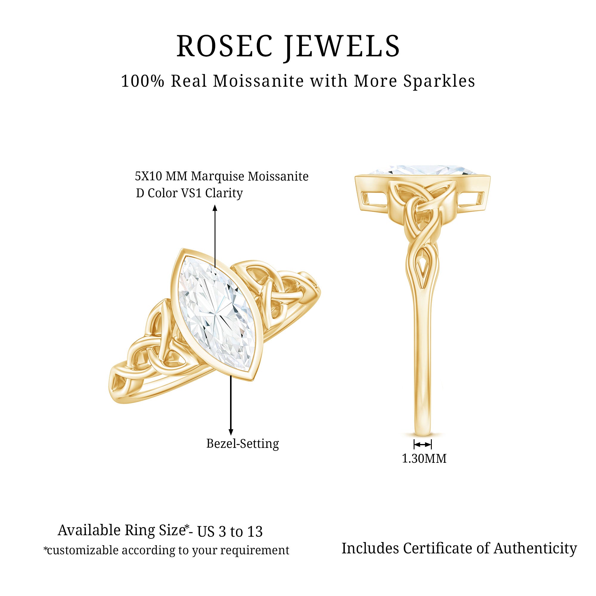 Bezel Set 1 Carat Marquise Lab Created Diamond Celtic Engagement Ring IGI Certified Lab - ( E-VS1 ) - Rosec Jewels