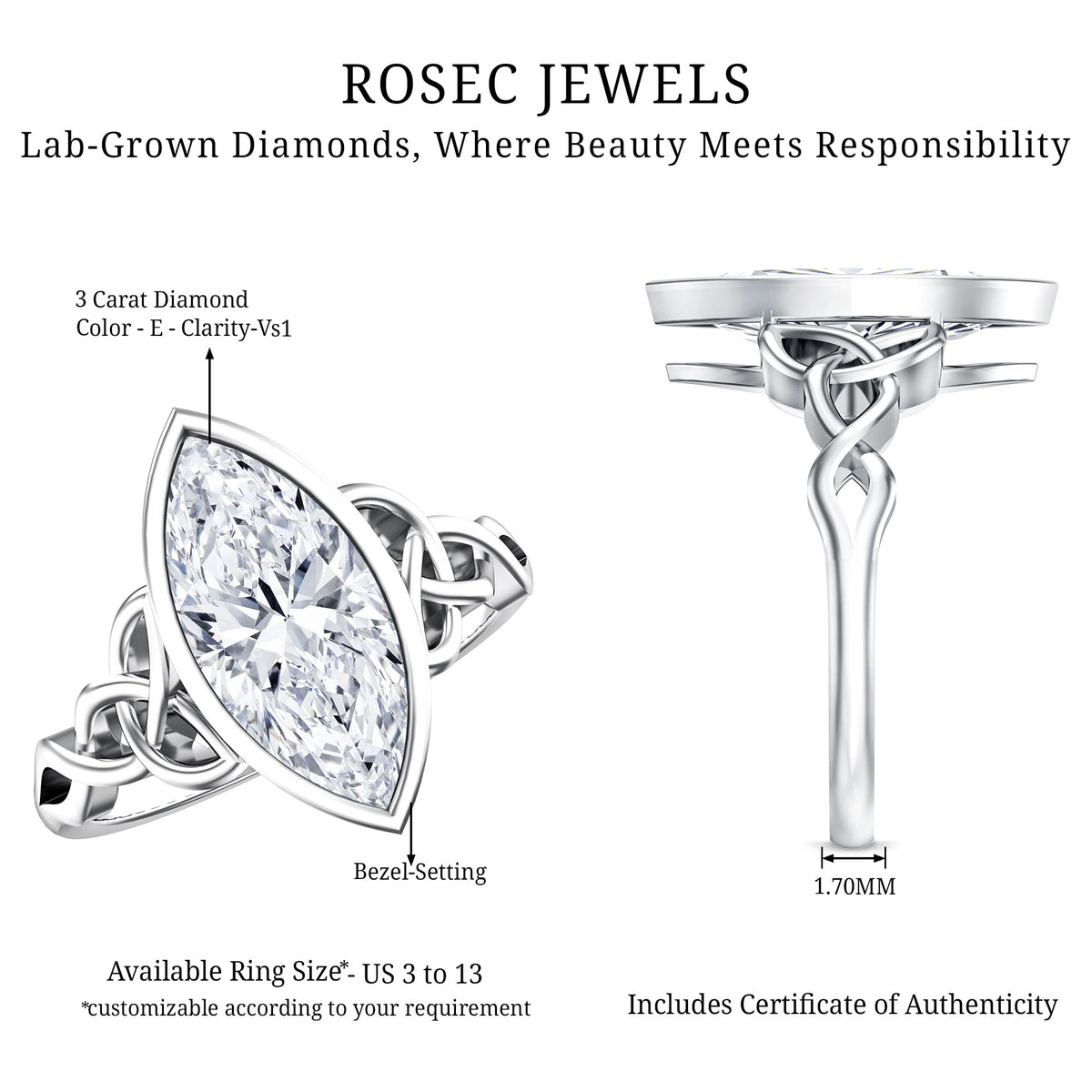 Bezel Set Marquise Lab Created Diamond Celtic Engagement Ring 3 Carat IGI Certified Lab - ( E-VS1 ) - Rosec Jewels