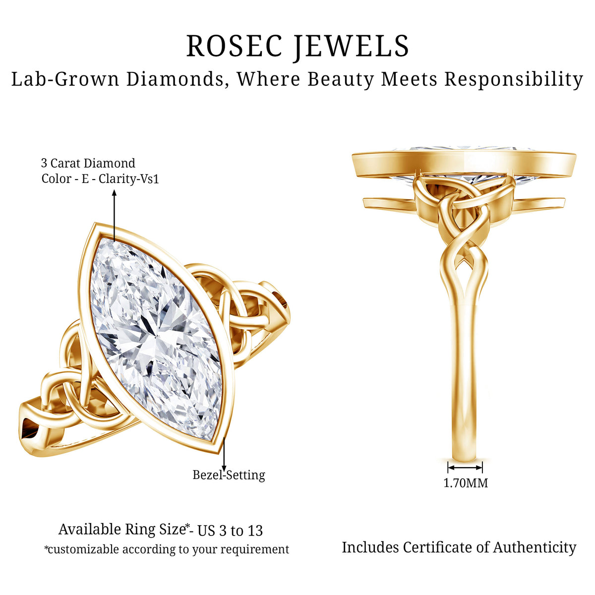 Bezel Set Marquise Lab Created Diamond Celtic Engagement Ring 3 Carat IGI Certified Lab - ( E-VS1 ) - Rosec Jewels