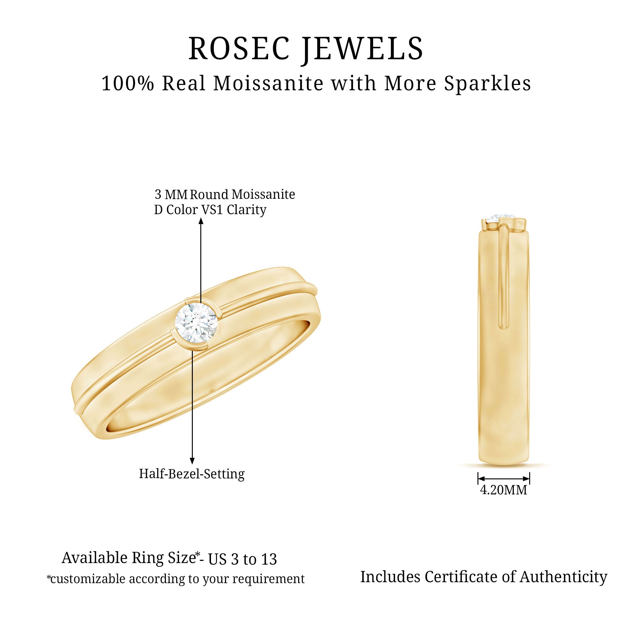 Bezel Set Round Moissanite Mens Wedding Band Ring D-VS1 - Rosec Jewels