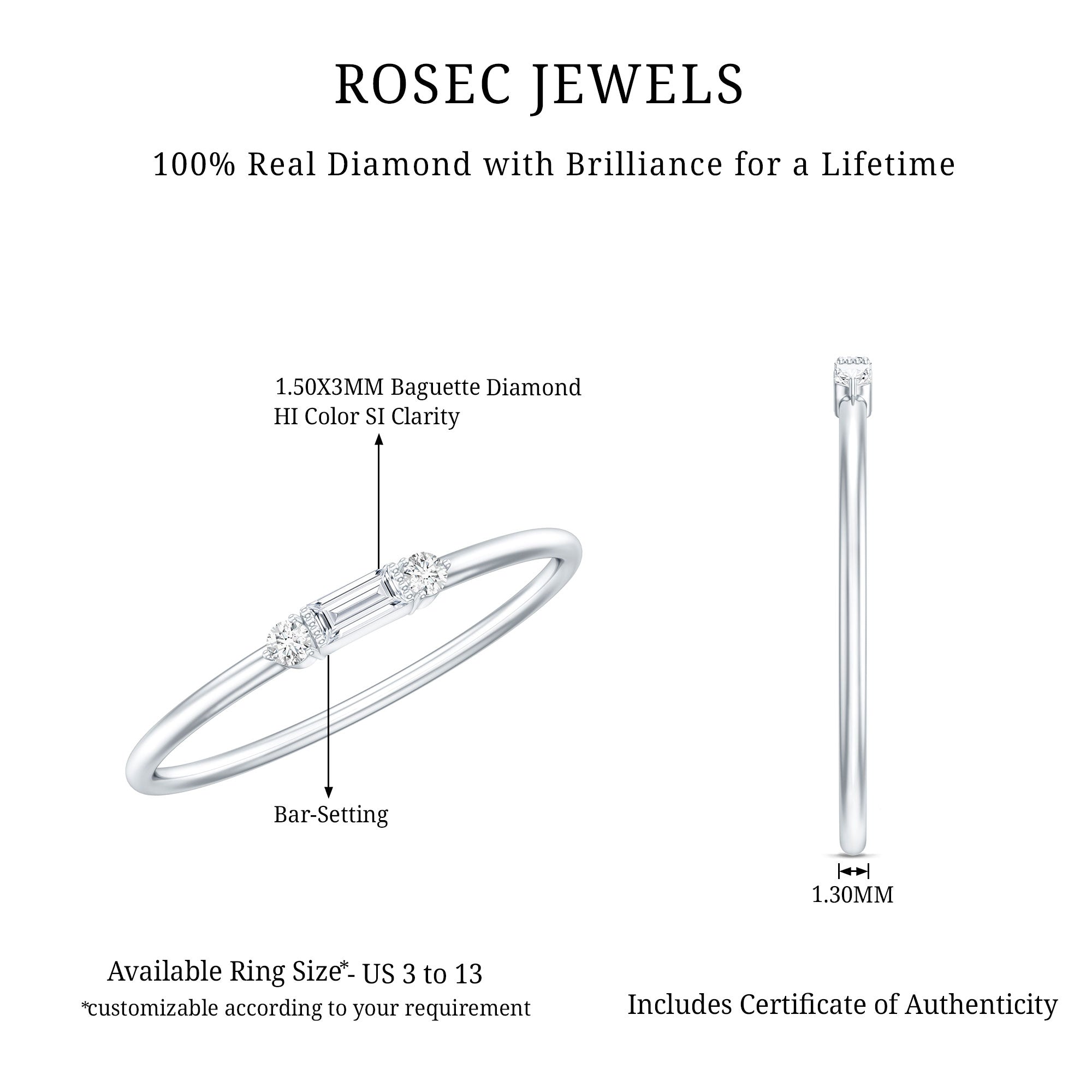 Minimalist Baguette and Round Diamond Promise Ring Natural - ( HI-SI ) - Rosec Jewels