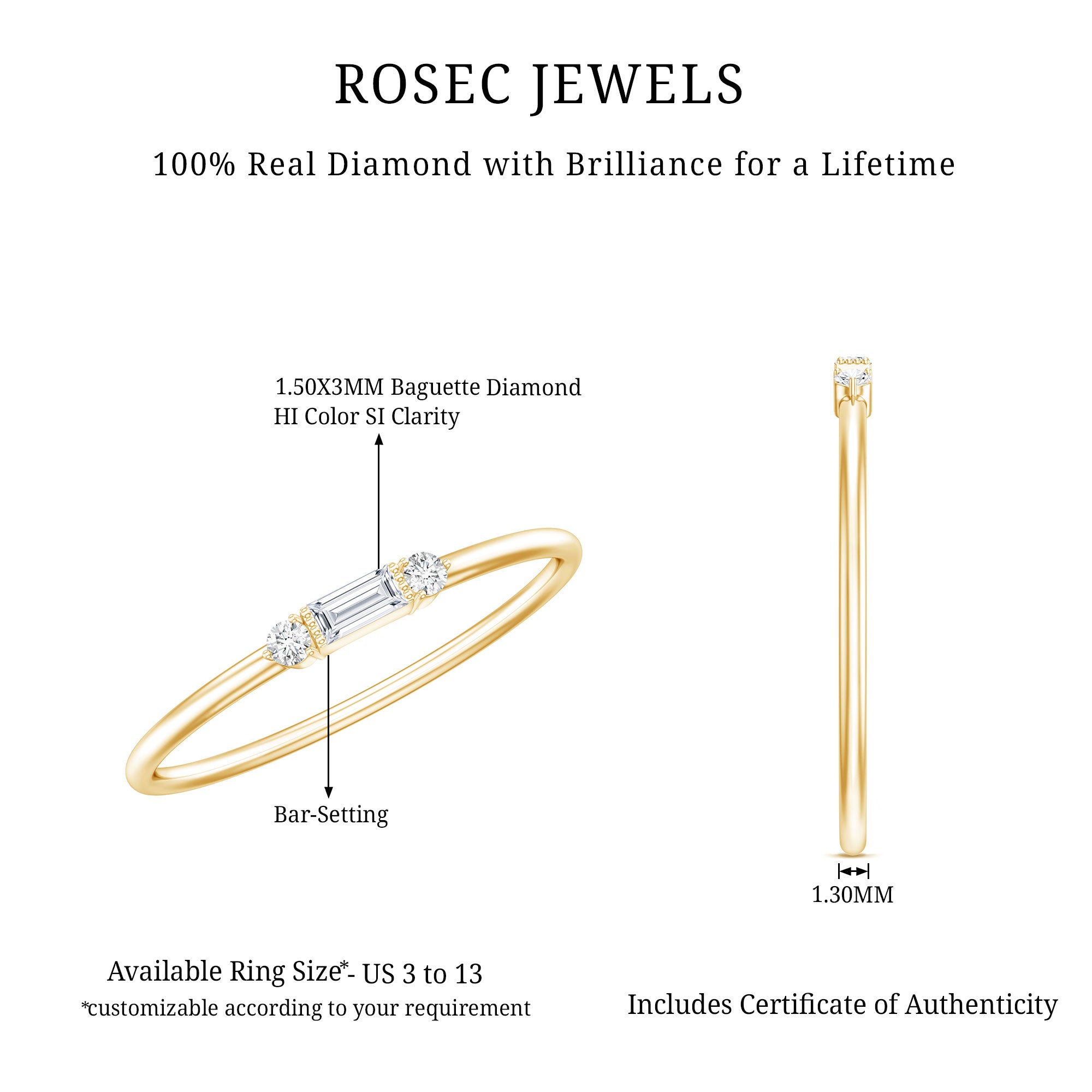Minimalist Baguette and Round Diamond Promise Ring Natural - ( HI-SI ) - Rosec Jewels