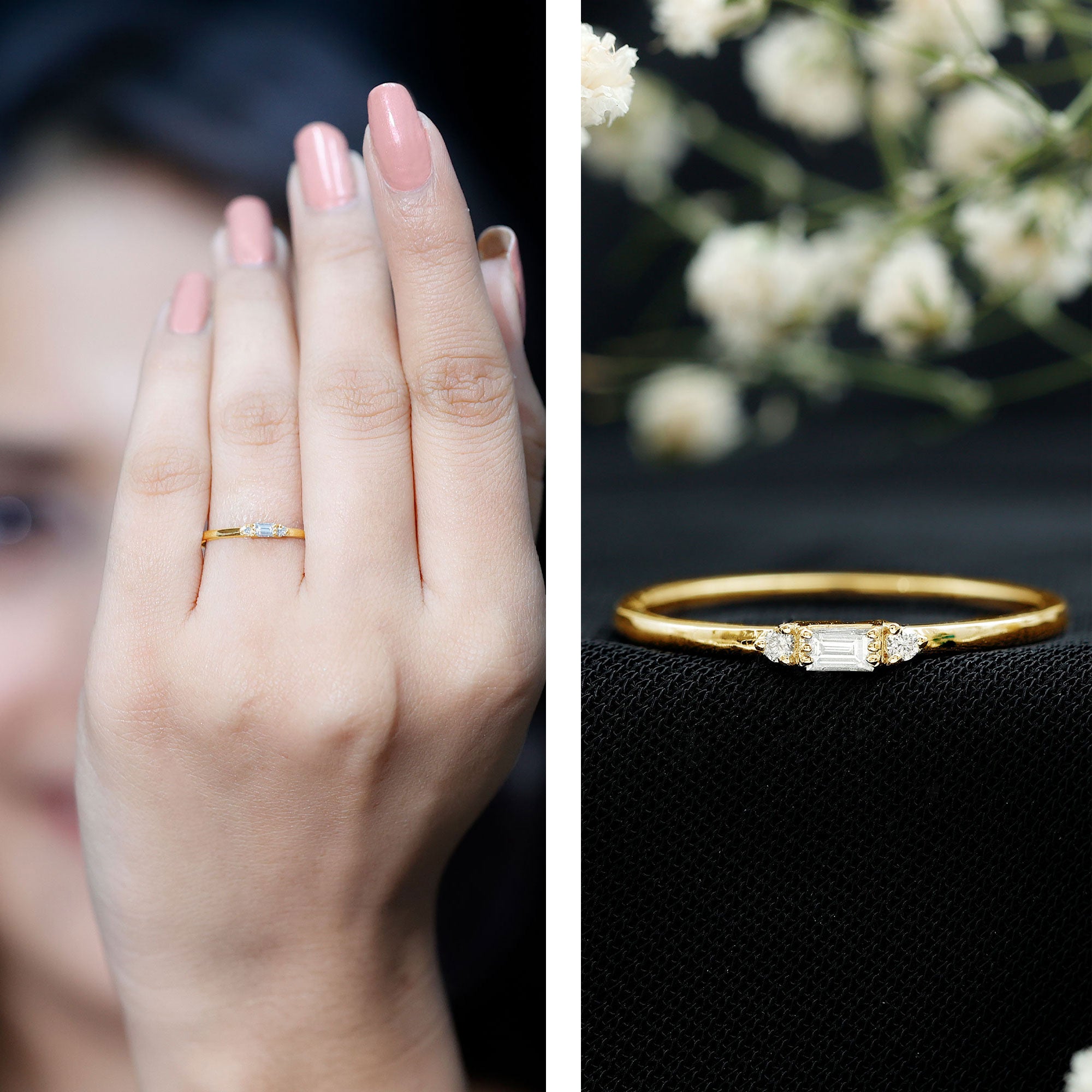 Minimalist Baguette and Round Diamond Promise Ring Natural - ( HI-SI ) - Rosec Jewels