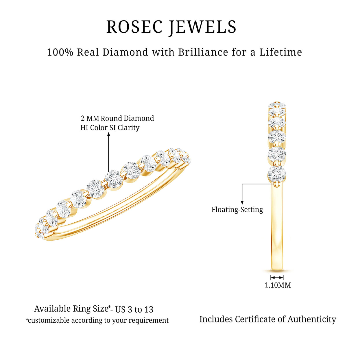 Natural Diamond Half Eternity Stackable Ring Natural - ( HI-SI ) - Rosec Jewels