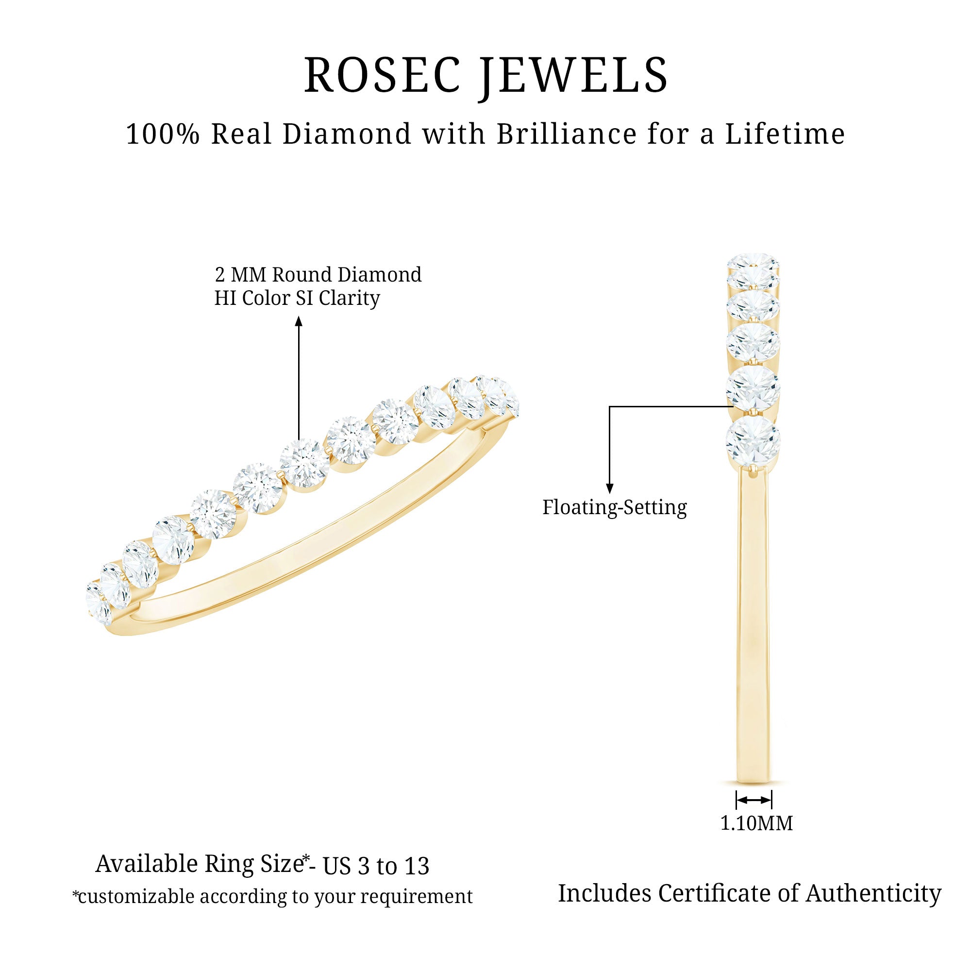 Natural Diamond Half Eternity Stackable Ring Natural - ( HI-SI ) - Rosec Jewels