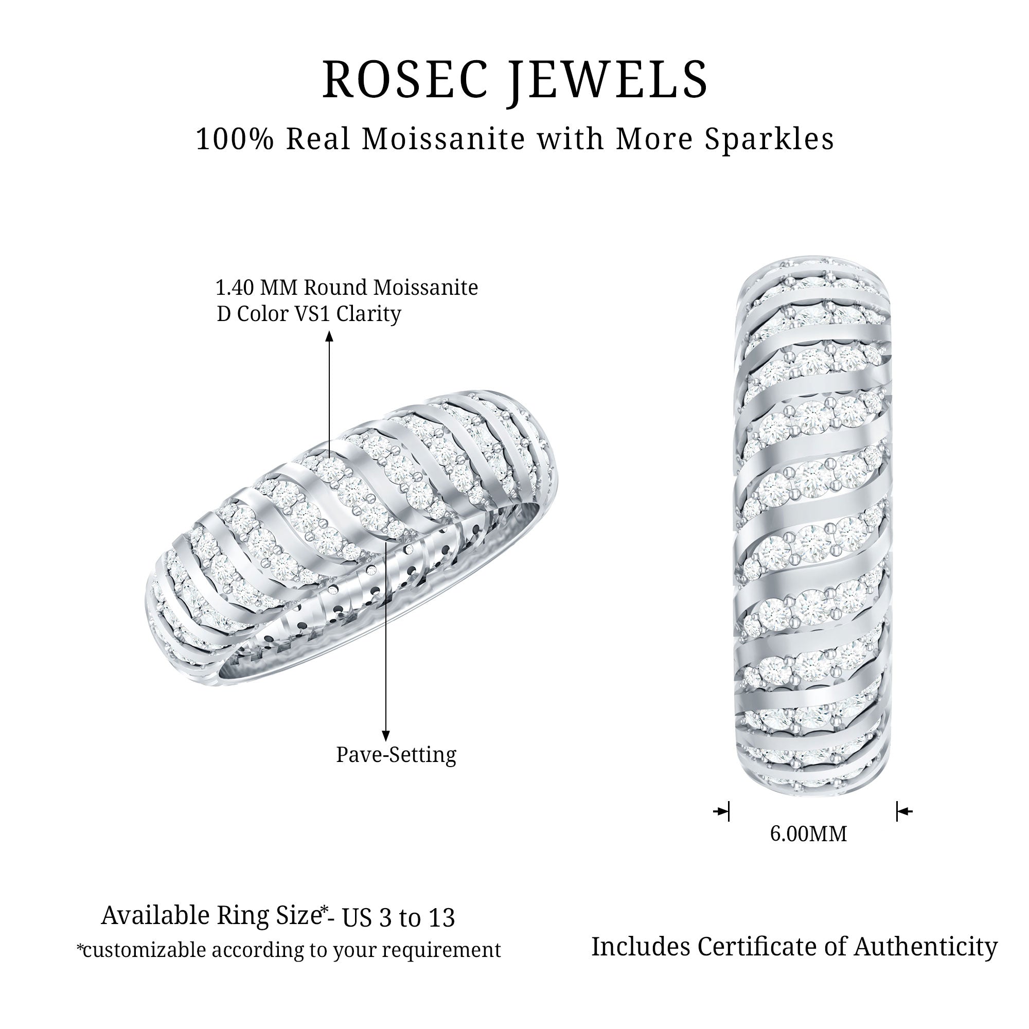 Pave Set Certified Moissanite Wedding Anniversary Band D-VS1 - Rosec Jewels