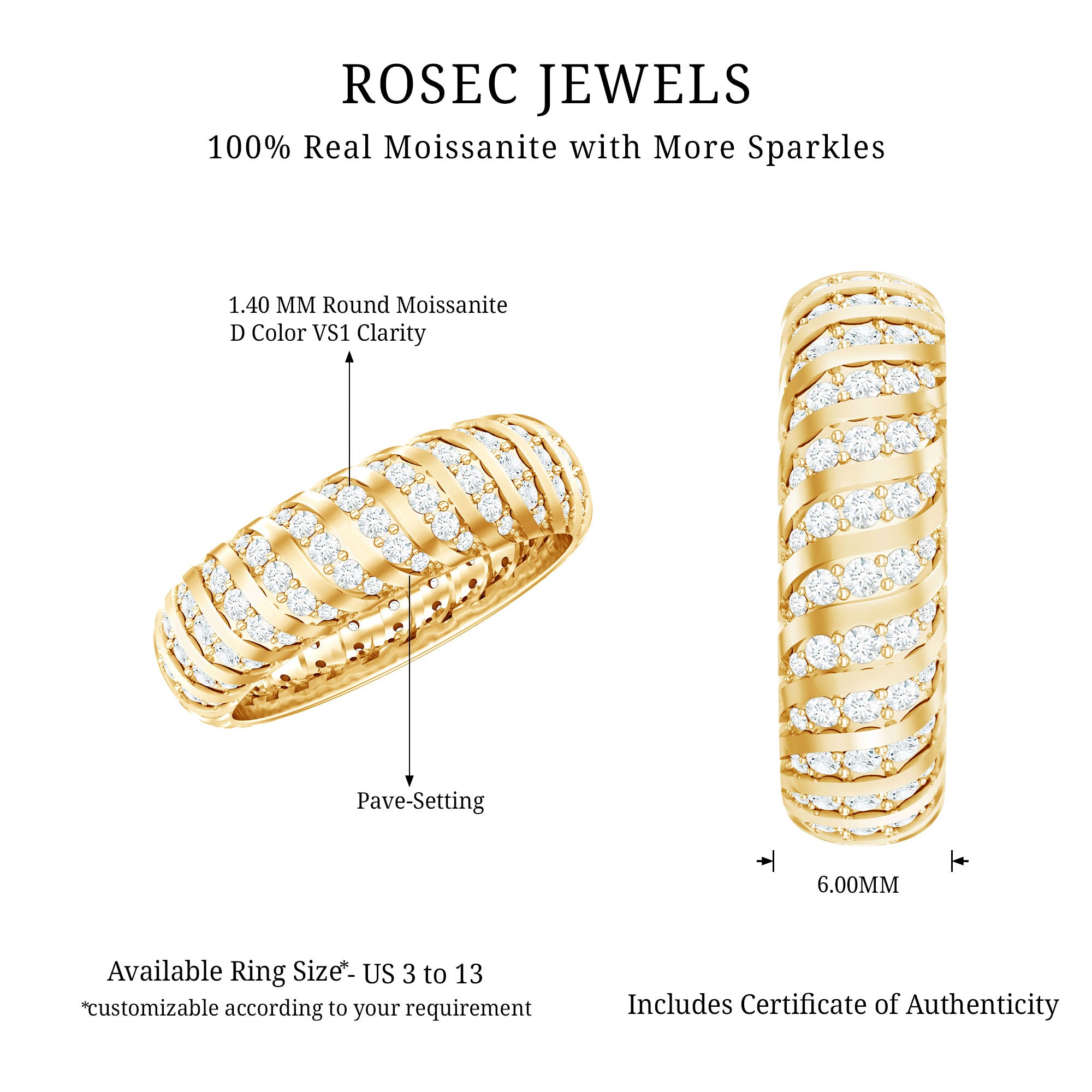 Pave Set Certified Moissanite Wedding Anniversary Band D-VS1 - Rosec Jewels