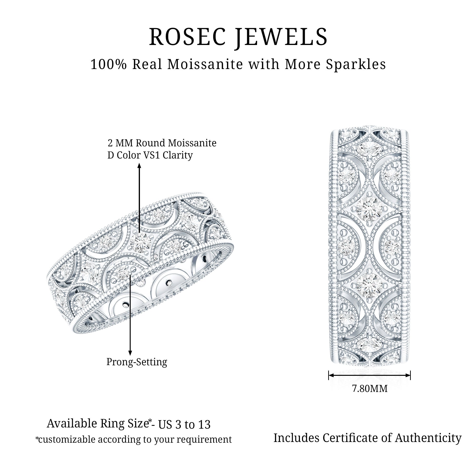 Designer Moissanite Wedding Band Ring D-VS1 - Rosec Jewels