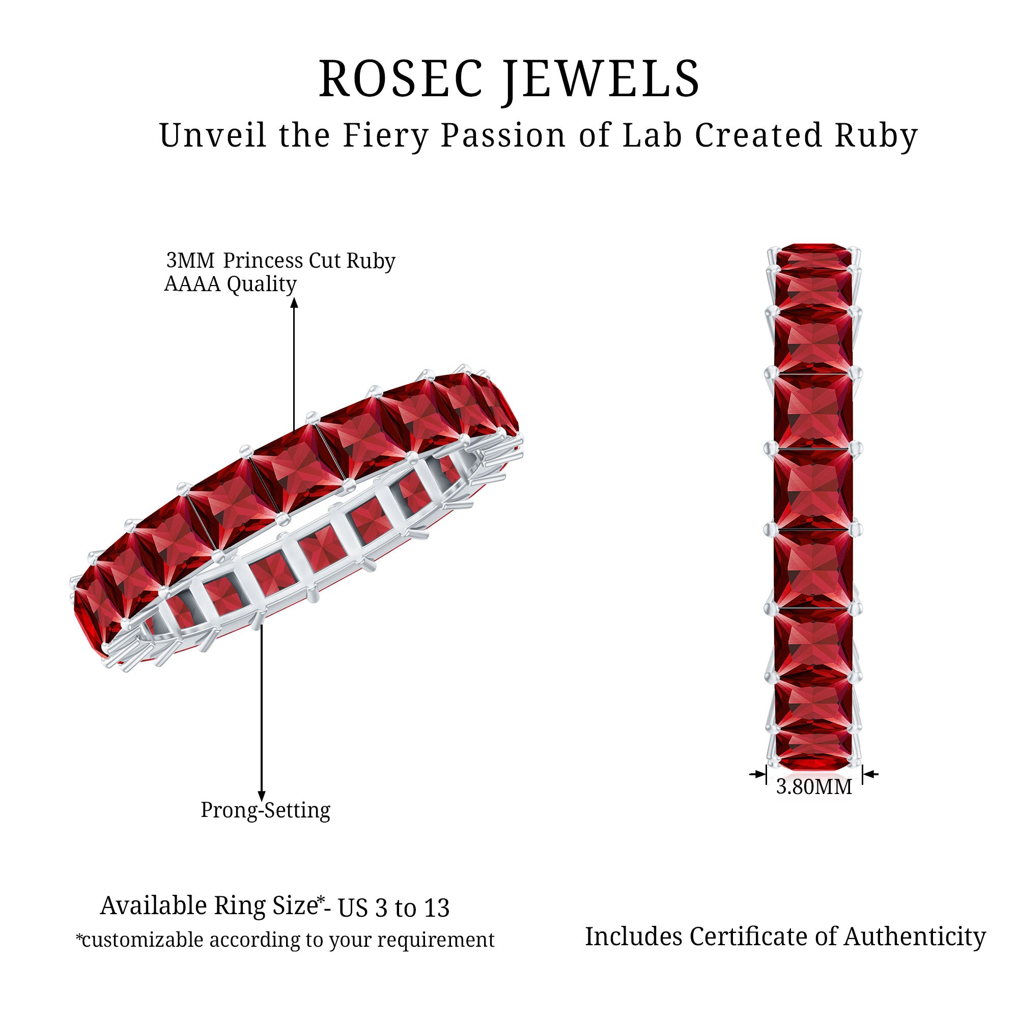 Rosec Jewels-Princess Cut Lab Grown Ruby Eternity Wedding Band for Women