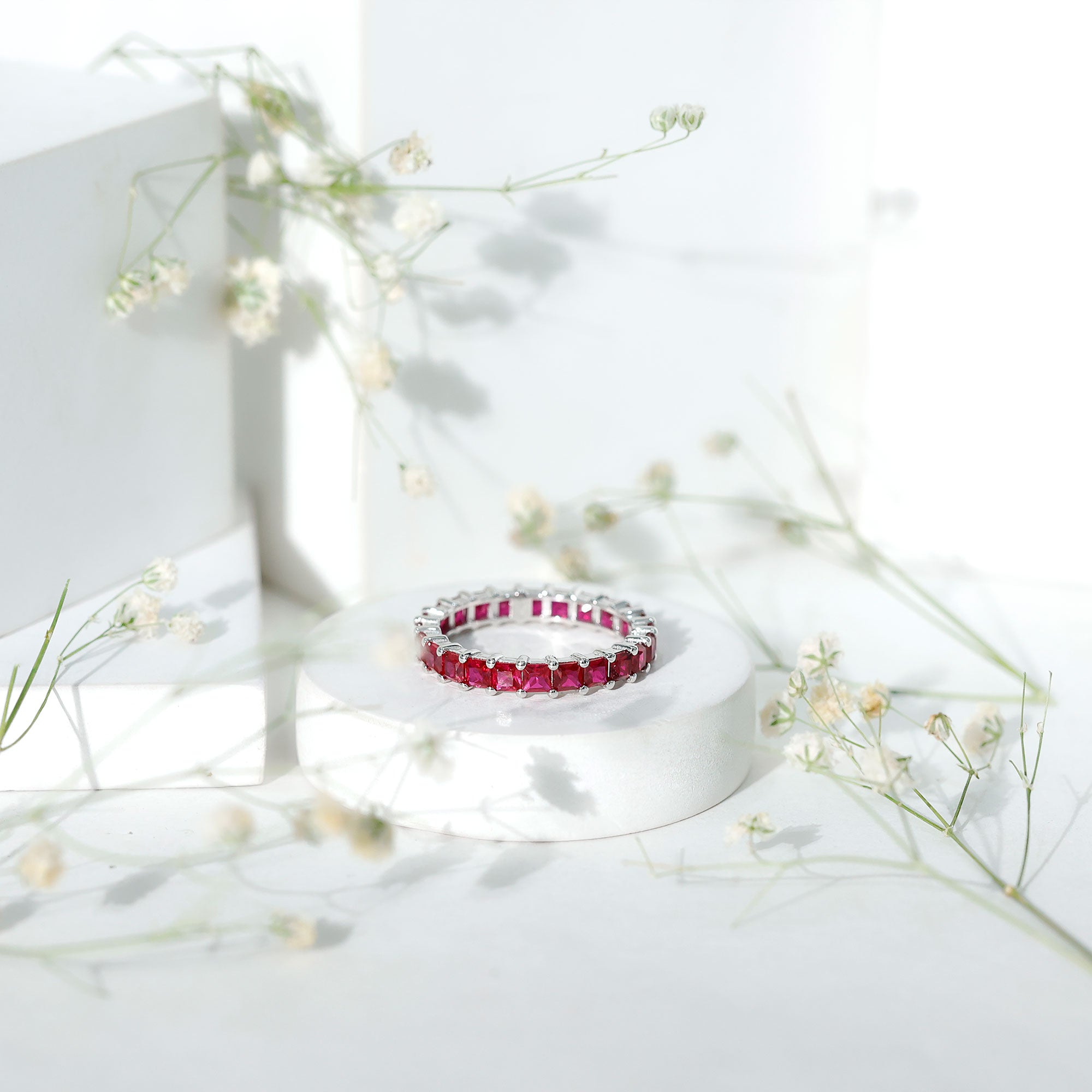 Rosec Jewels-Princess Cut Lab Grown Ruby Eternity Wedding Band for Women