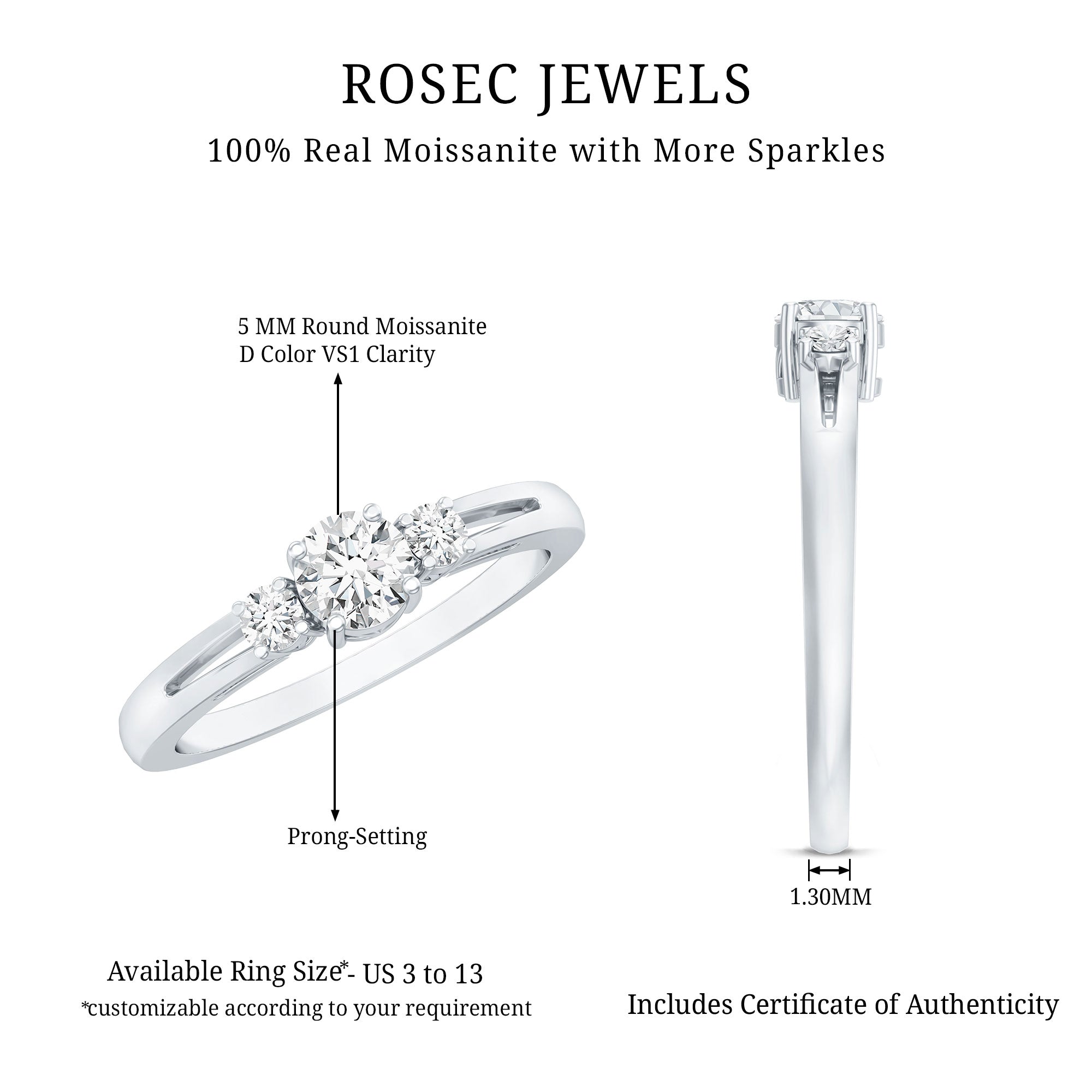 Certified Moissanite 3 Stone Proposal Ring For Her D-VS1 - Rosec Jewels