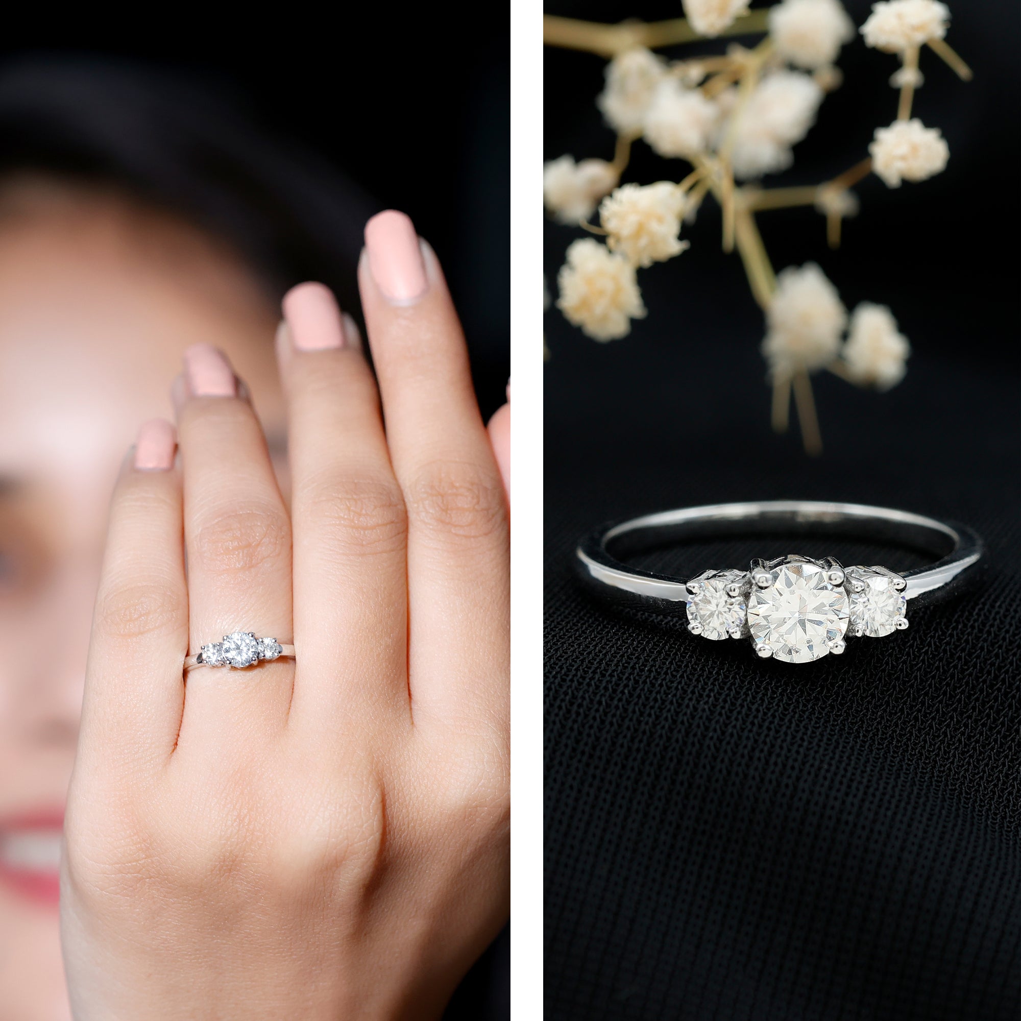 Certified Moissanite 3 Stone Engagement Ring D-VS1 - Rosec Jewels