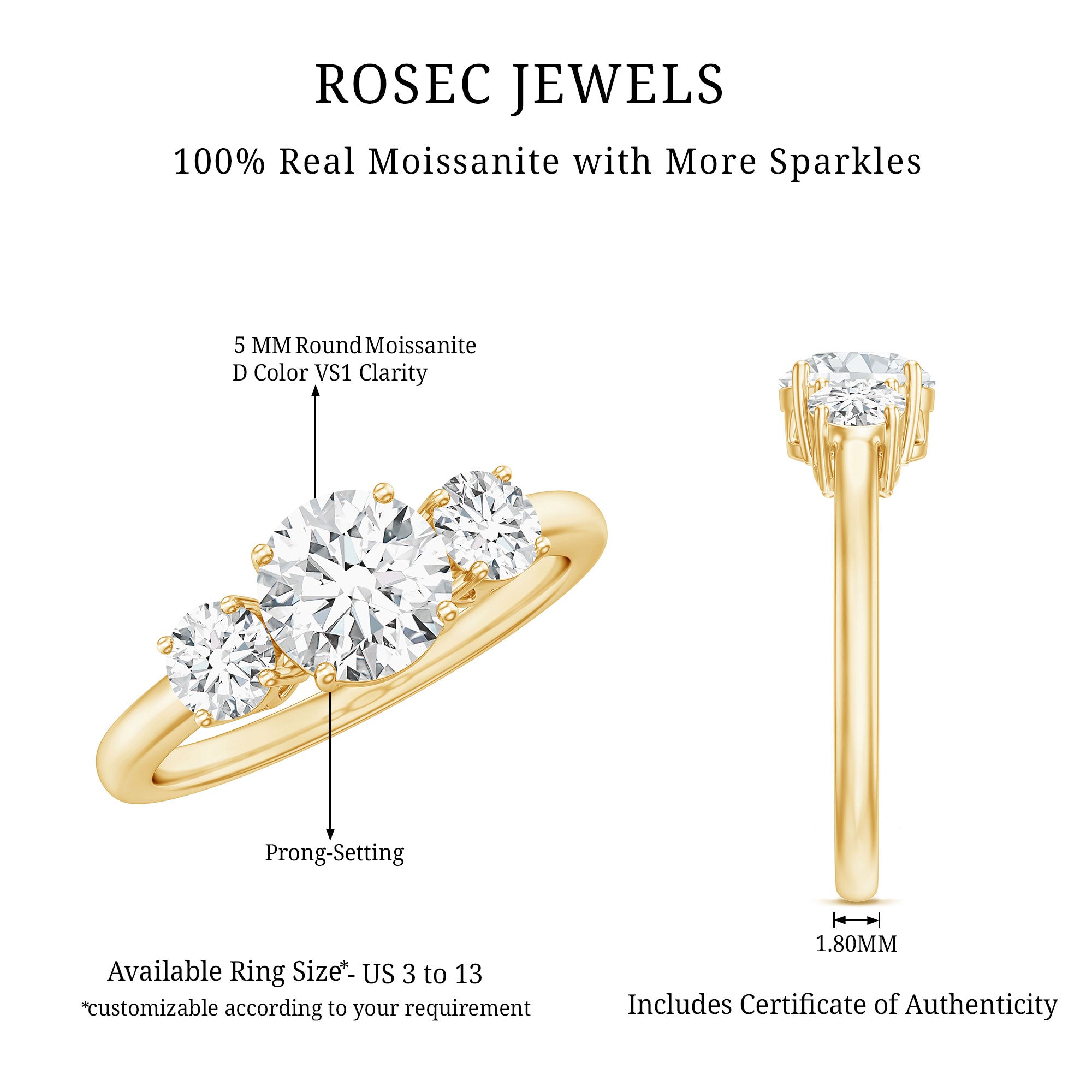Certified Moissanite 3 Stone Engagement Ring D-VS1 - Rosec Jewels