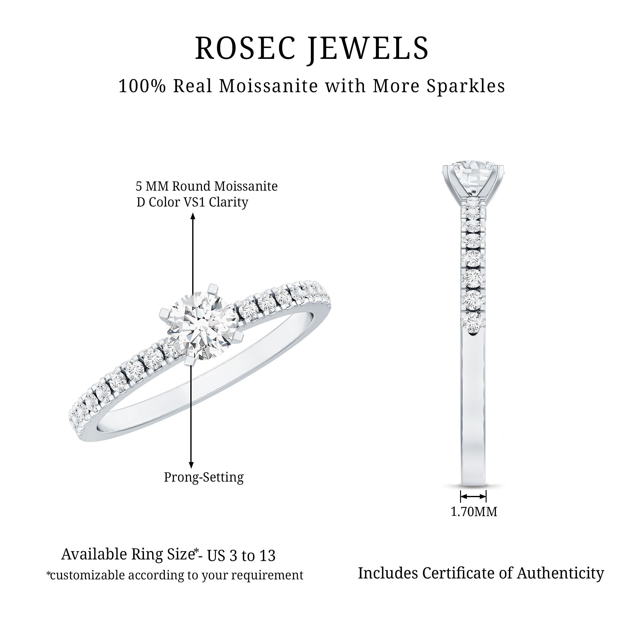 Rosec Jewels-Moissanite Minimal Engagement Ring with Side Stone