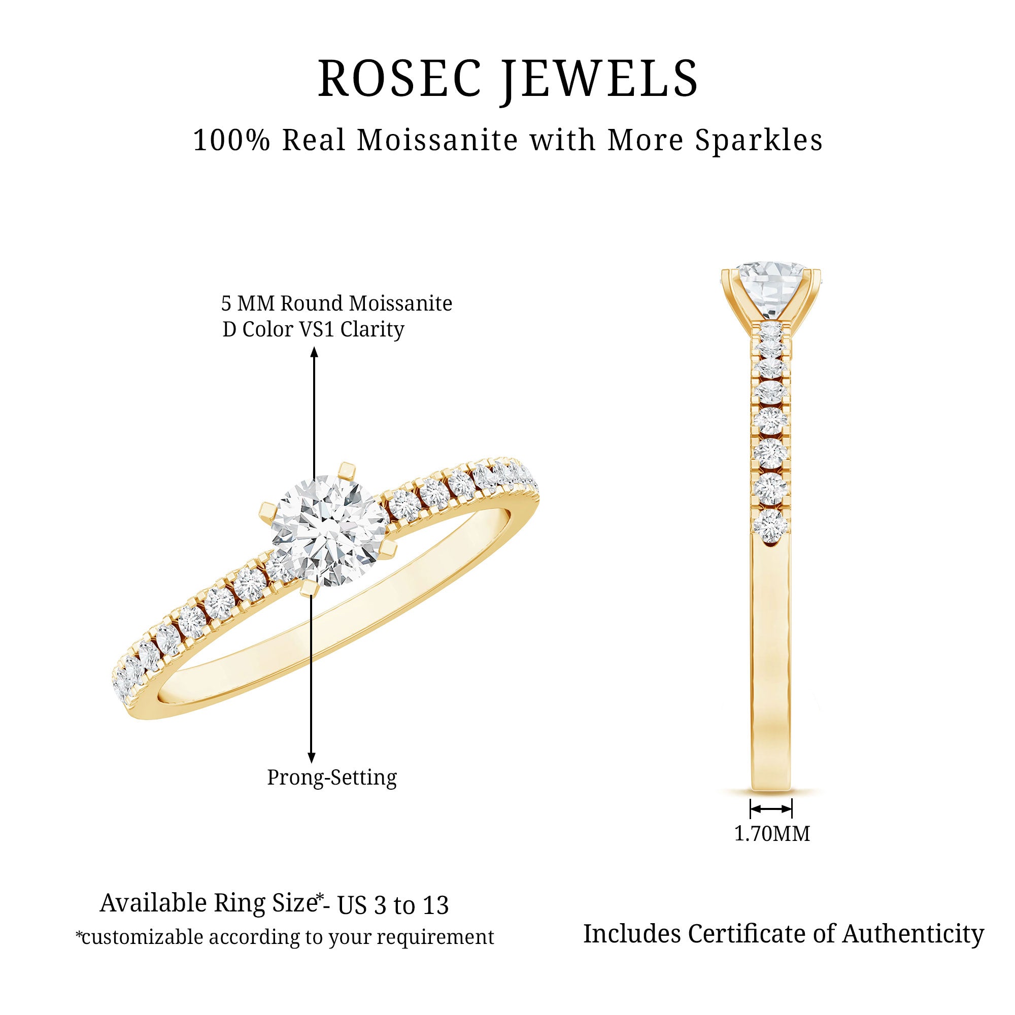 Rosec Jewels-Moissanite Minimal Engagement Ring with Side Stone